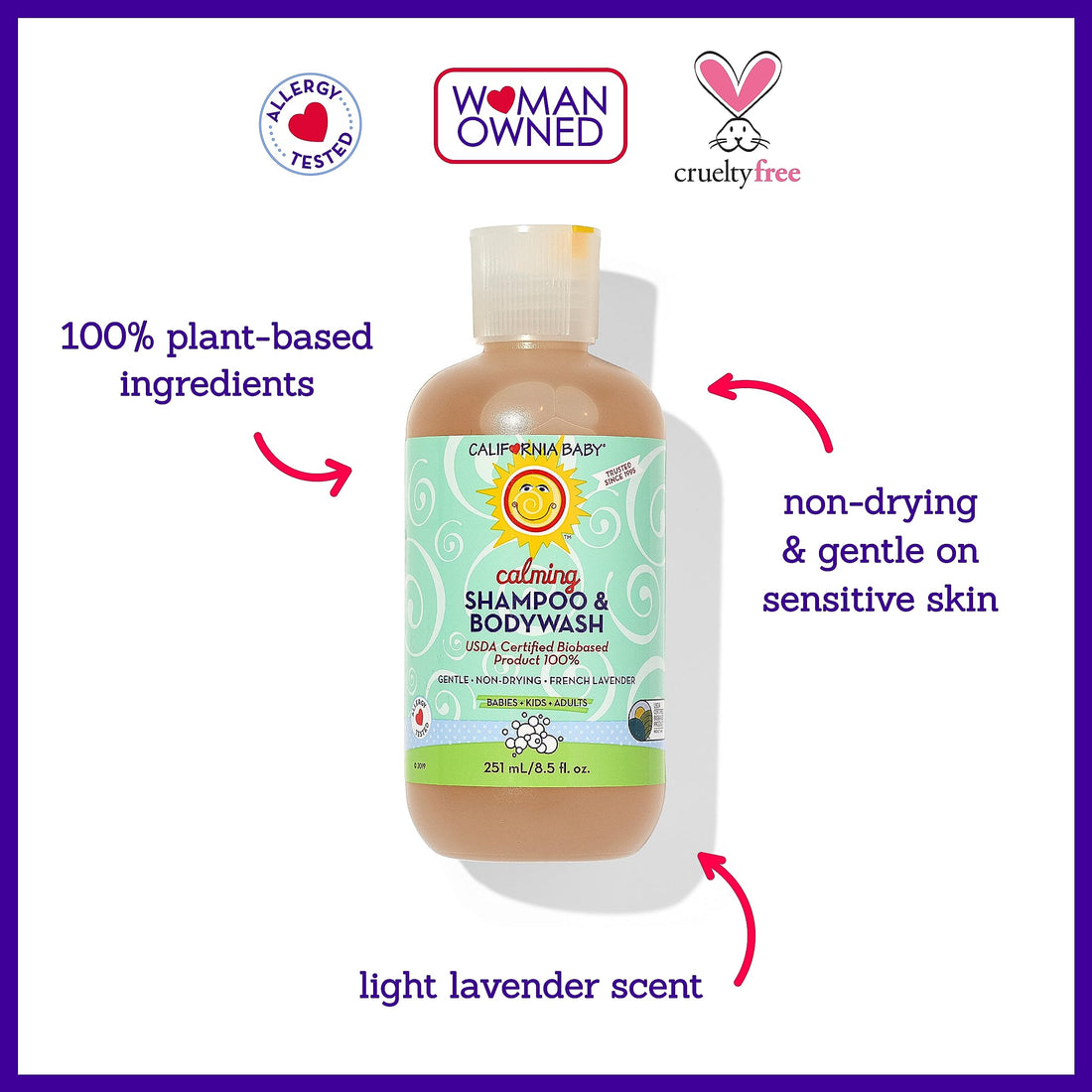 California Baby Calming Baby Shampoo + Baby Wash | 100% Plant-Based | Lavender Body Wash For Sensitive Skin | Hypoallergenic | 251 mL / 8.5 oz.