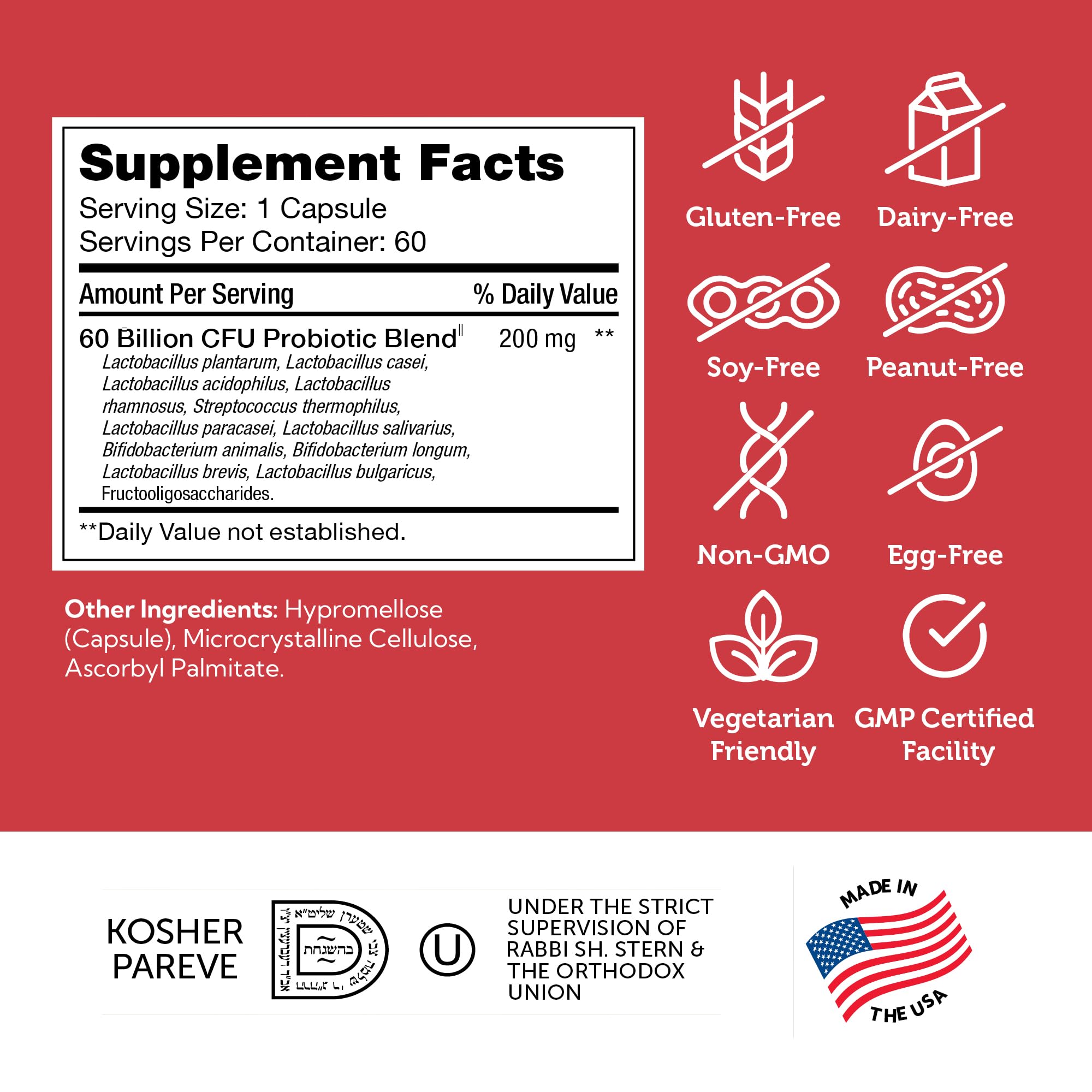 Zahler BioDophilus60, 60 Billion CFU Probiotic + Prebiotic - 11 Strains Daily Probiotic Supplement - Kosher Probiotics for Women for Digestive Health, Probiotics for Men for Gut Health (60 Capsules)