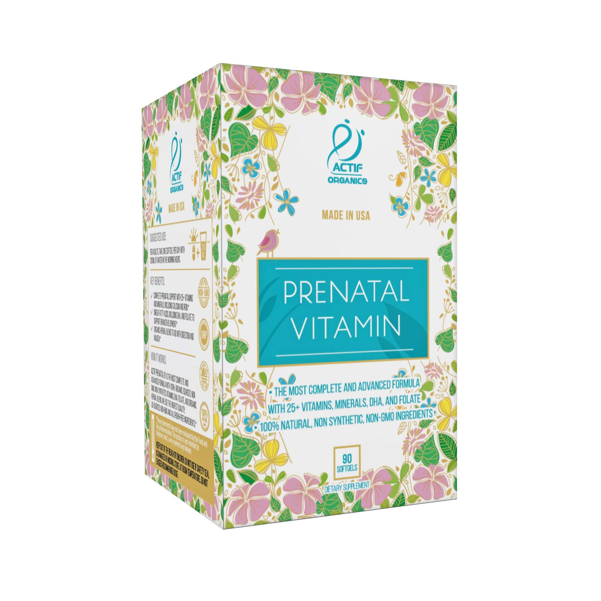 ACTIF Organic Prenatal Vitamin with 25+ Organic Vitamins, 100% Natural, DHA, EPA, Omega 3, and Organic Herbal Blend - Non-GMO, 90 Count