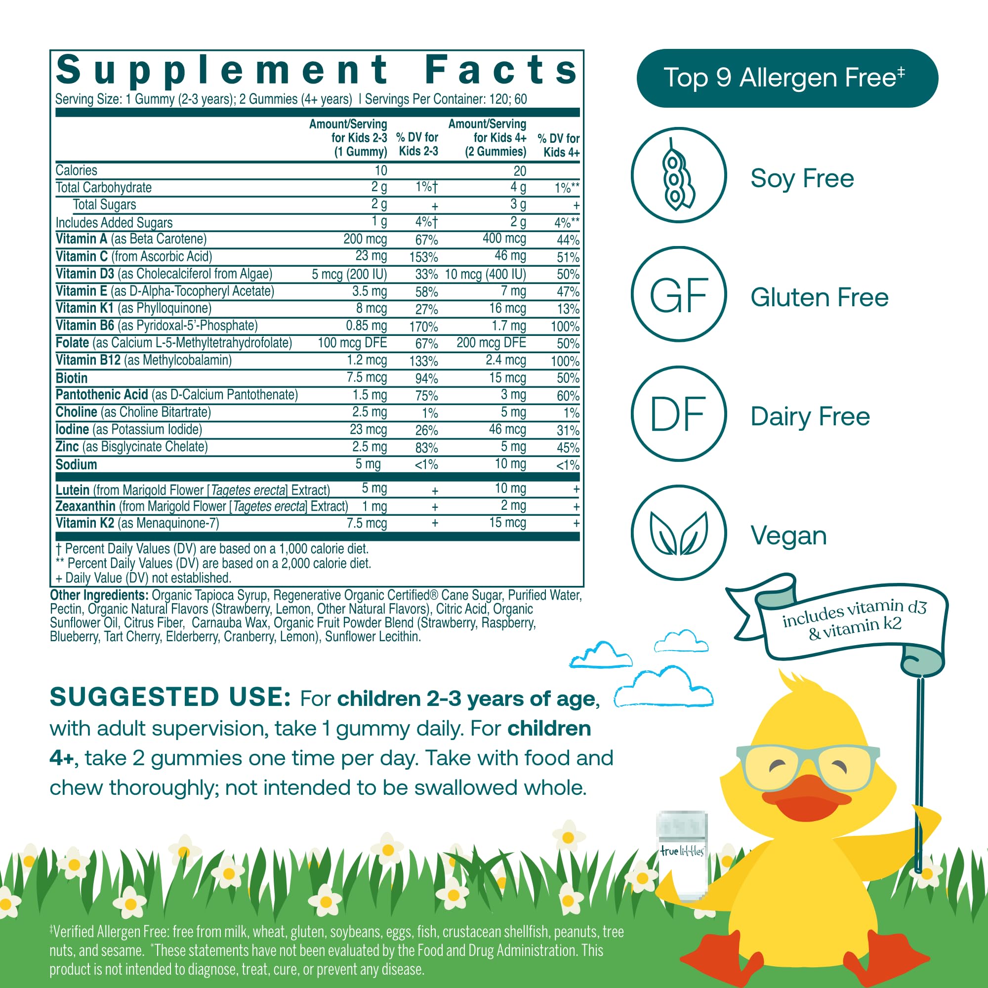 True Grace True Littles Daily Kids Multi - 120 Pectin Gummies - Immune, Cognitive, Bone & Eye Support - Clinically Studied Lutemax Kids Lutein & Vitamin D3 + K2 - Allergen Free & Vegan - 120 Servings