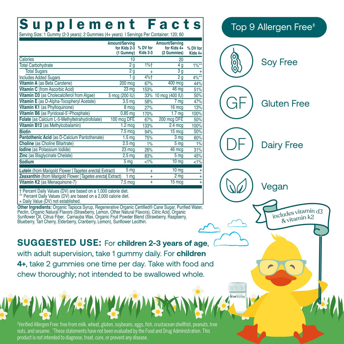 True Grace True Littles Daily Kids Multi - 120 Pectin Gummies - Immune, Cognitive, Bone & Eye Support - Clinically Studied Lutemax Kids Lutein & Vitamin D3 + K2 - Allergen Free & Vegan - 120 Servings