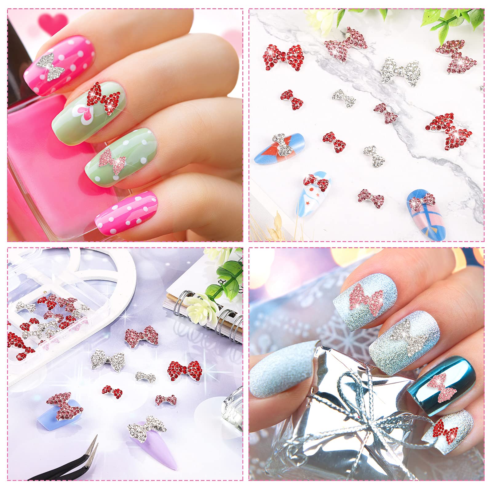 24 Pieces 3D Bows Nail Art Charms Rhinestones Bows Charms Pearl Bowknot Nail Accessory 3D Alloy Nail Art Decoration for Women Girls Nail Salon DIY Nail Decorations (Red, Gold, Rose Red)