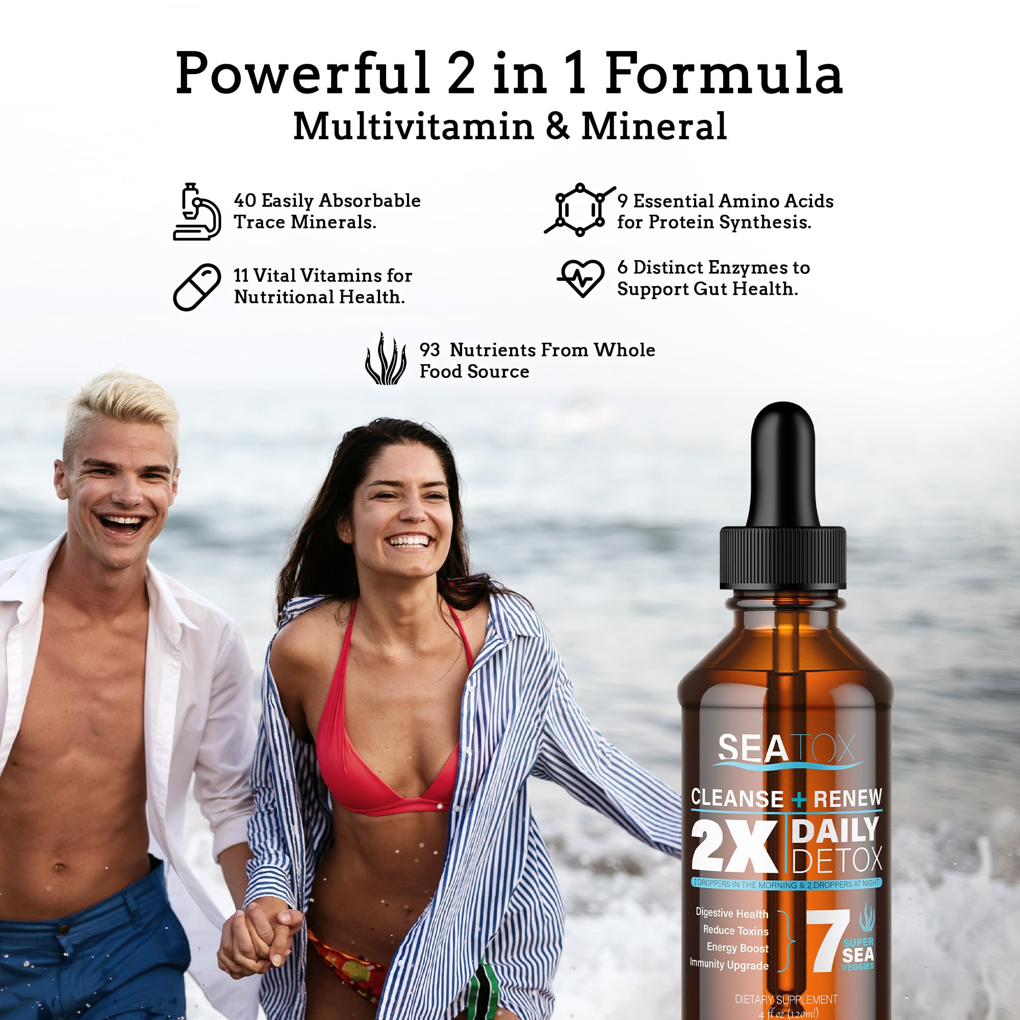 SeaTox Cleanse & Renew Liquid Superfood 2 in 1 Multivitamin & Mineral Supplement for Gut & Digestive Health, Bloat, Immune Support, Cellular Health – Vegan, GF 30 Day Supply Made in USA