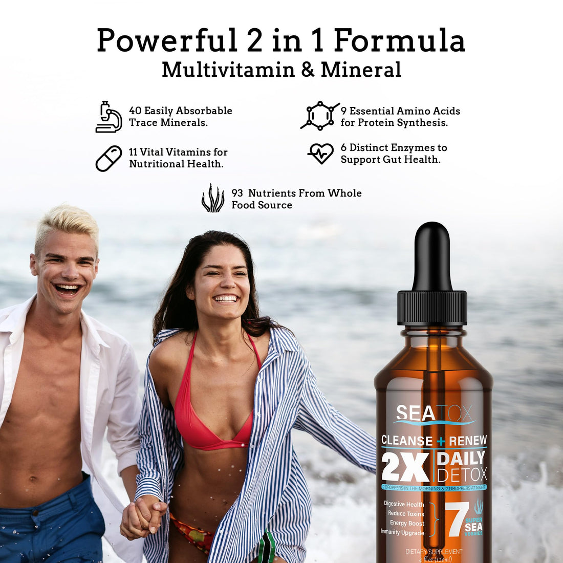 SeaTox Cleanse & Renew Liquid Superfood 2 in 1 Multivitamin & Mineral Supplement for Gut & Digestive Health, Bloat, Immune Support, Cellular Health – Vegan, GF 30 Day Supply Made in USA