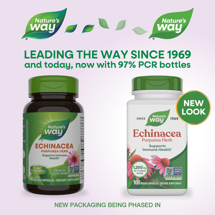 Nature's Way Echinacea Purpurea Herb, Immune Support Supplement*, 1200 mg per 3-capsule serving, Non-GMO Project Verified, Vegan, 100 Capsules (Packaging May Vary)