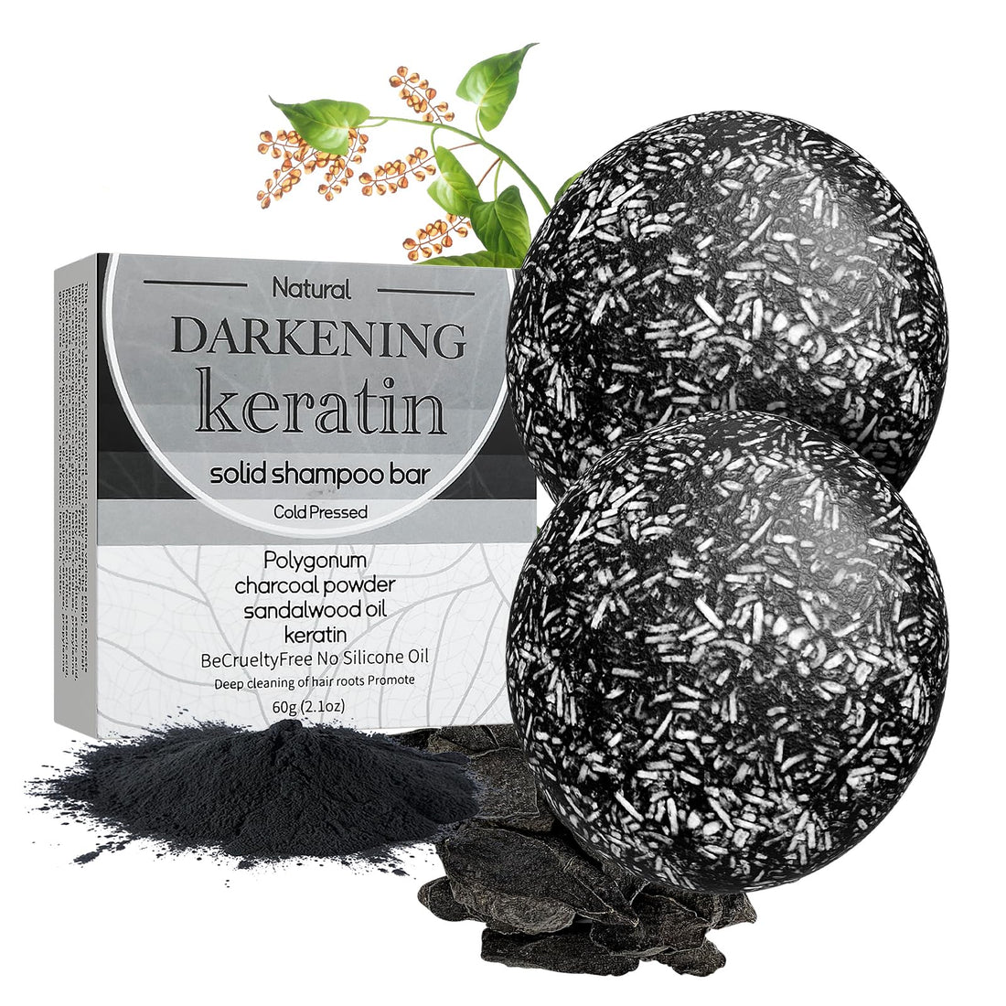 Hair Darkening Shampoo Bar, Grey Reverse Deep Cleansing Scalp Massage Hair Regrowth Keratin Shampoo Bar Anti Hair Loss for Grey Hair(Polygonum Multiflorum for Grey Hair) (2 Pack)