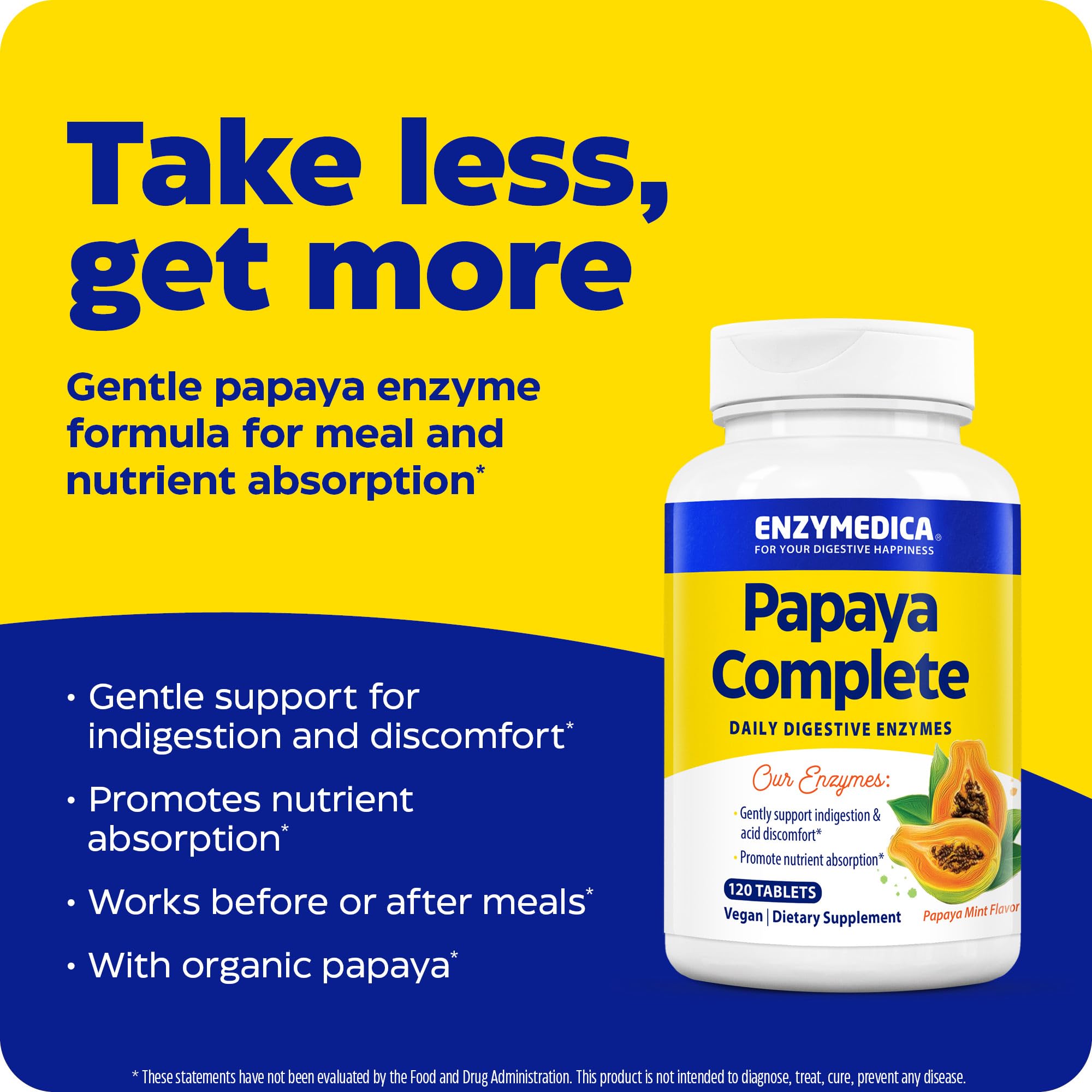 Enzymedica Papaya Complete, Daily Digestive Enzymes with Organic Papaya Juice and Chlorophyll for Meal & Nutrient Absorption, High Potency Bromelain & Papain, Vegan, Mint Flavor, 120 Chewable Tablets