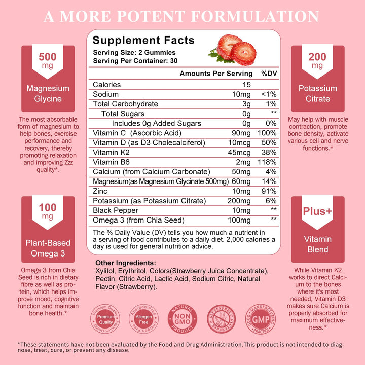 Potassium Magnesium Gummies - High Absorption Magnesium Glycinate & Potassium Citrate 200mg Plus Omega 3, B6, D3, K2 & Calcium - Chewable Gummy for Leg Cramps, Immunity & Energy - 60 Count