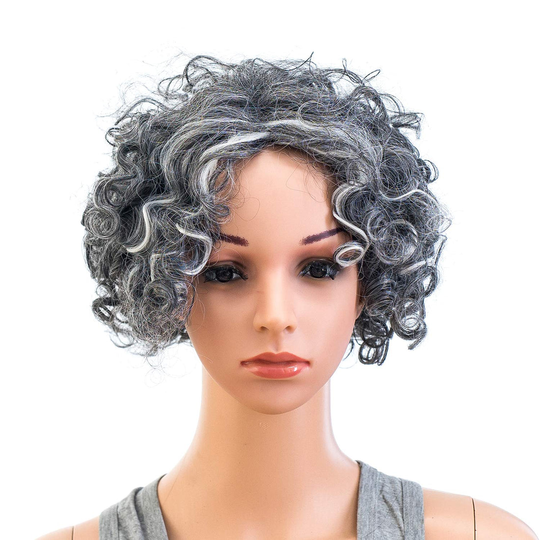Swacc 12-Inch Old Lady Cosplay Wig Short Silver Gray Grandmother Curly Wigs For Women And Kids With Wig Cap