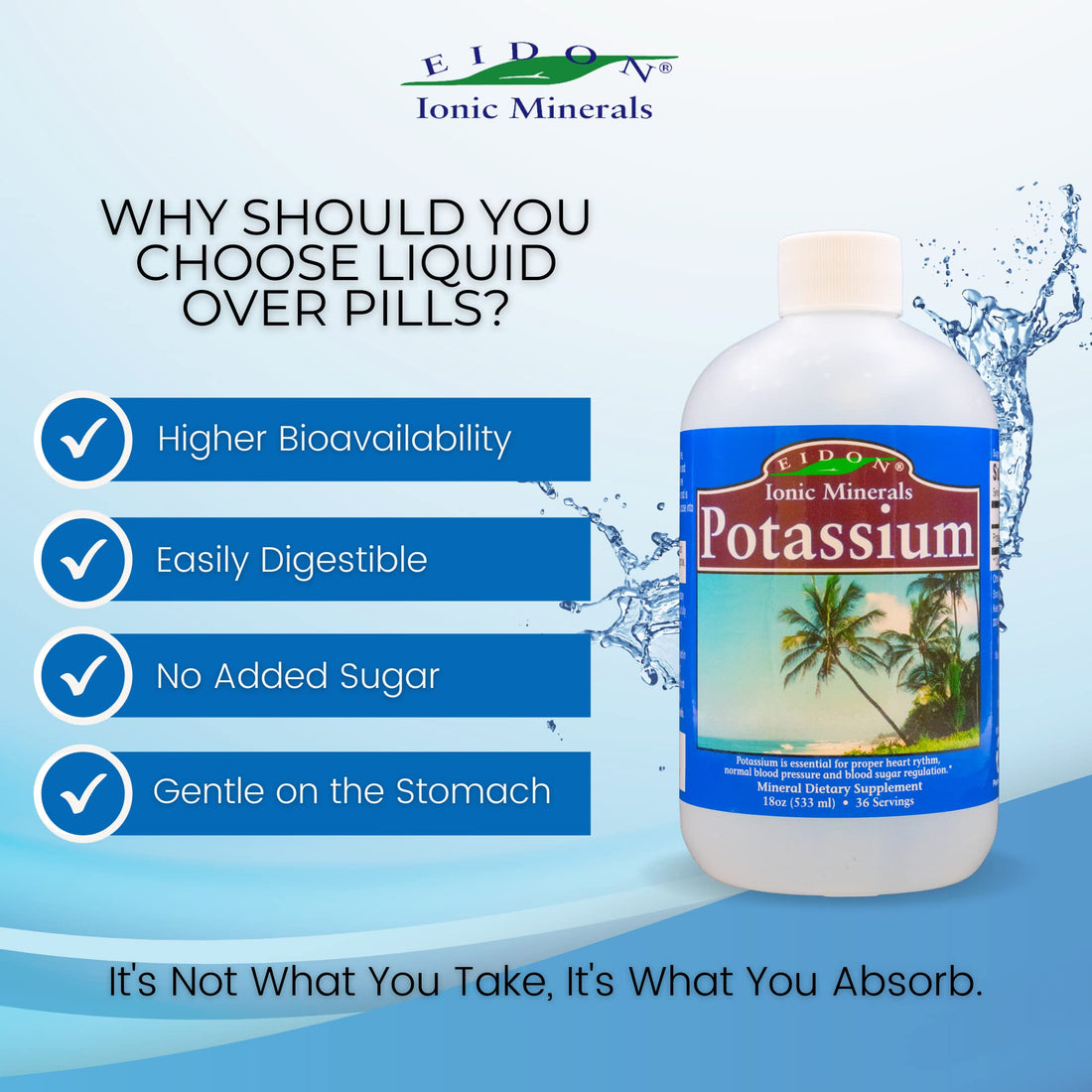 Eidon Ionic Minerals Liquid Potassium Supplement - Potassium Chloride Drops, Essential Electrolyte for Cell Function, Bioavailable Ionic Minerals, All Natural, No-Preservatives or Additives - 18 oz