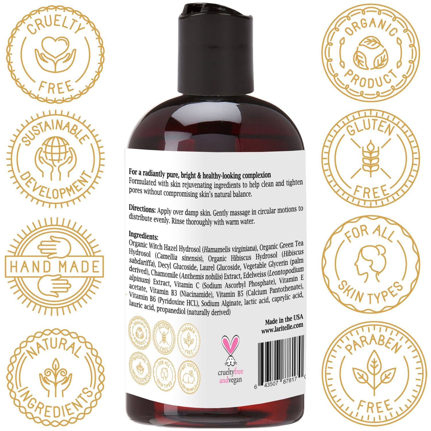 Laritelle Organic Unscented Facial Cleanser 4 oz. Gentle, Purifying, Rejuvenating, Hydrosol-based (Witch Hazel, Green Tea & Hibiscus). No Sulfates, Alcohol, Parabens, Phthalates, GMOs, GF. 5.5 Ph