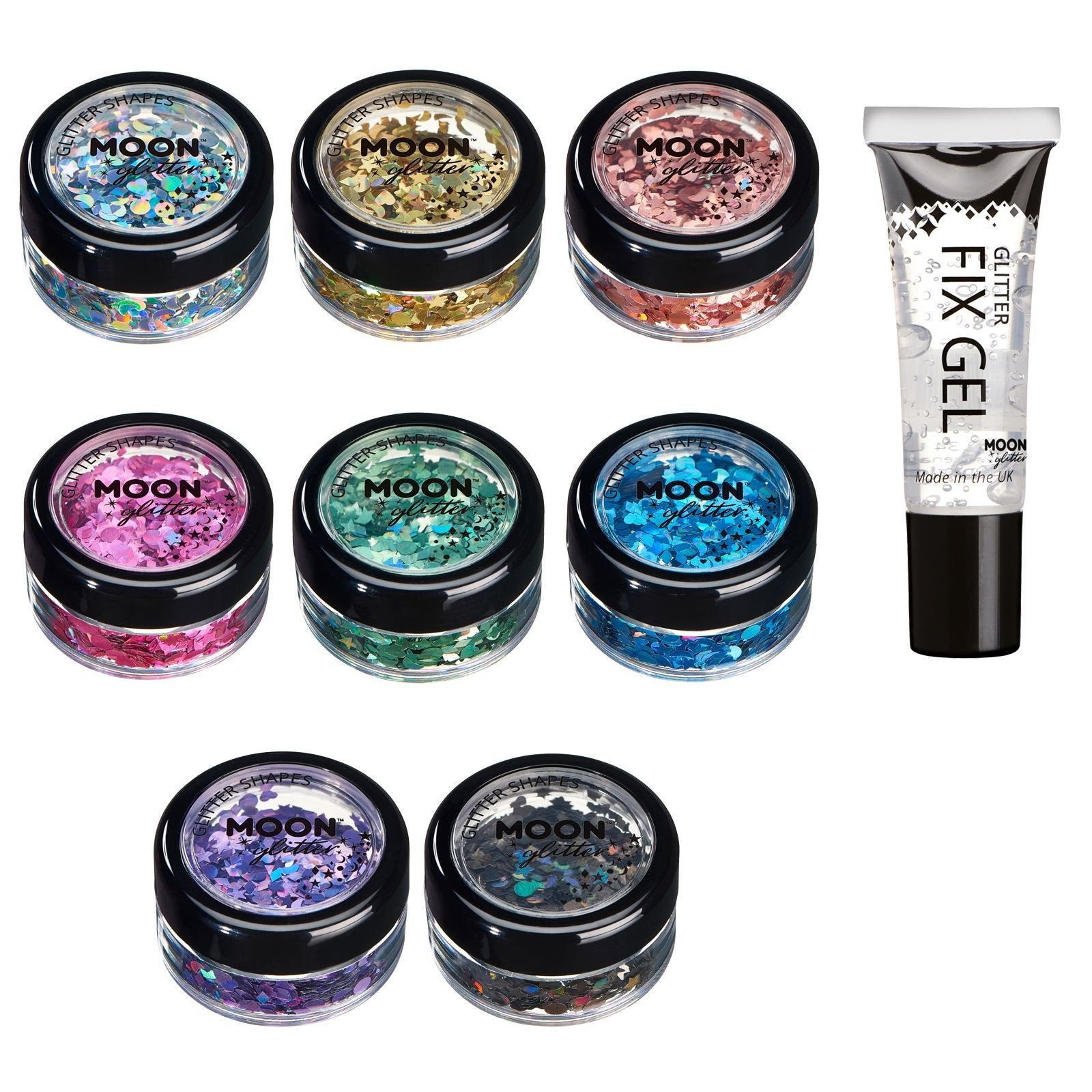 Moon Glitter Holographic Glitter Shapes By 100% Cosmetic Glitter For Face, Body, Nails, Hair And Lips - 3G - Set Of 8 Colours