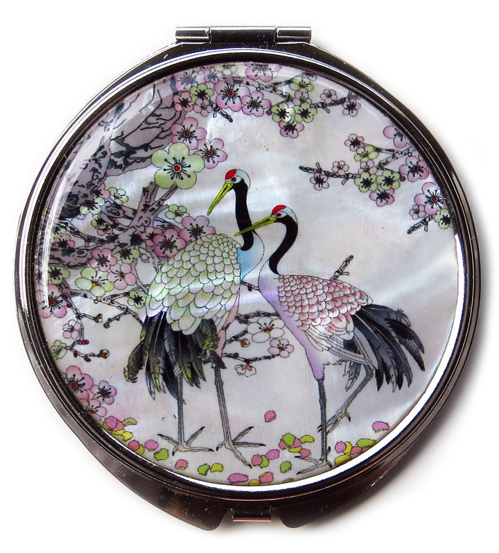 Compact Makeup Mirror Cosmetic Korean Mother Of Pearl Lacquered Apricot Tree & Crane White #5