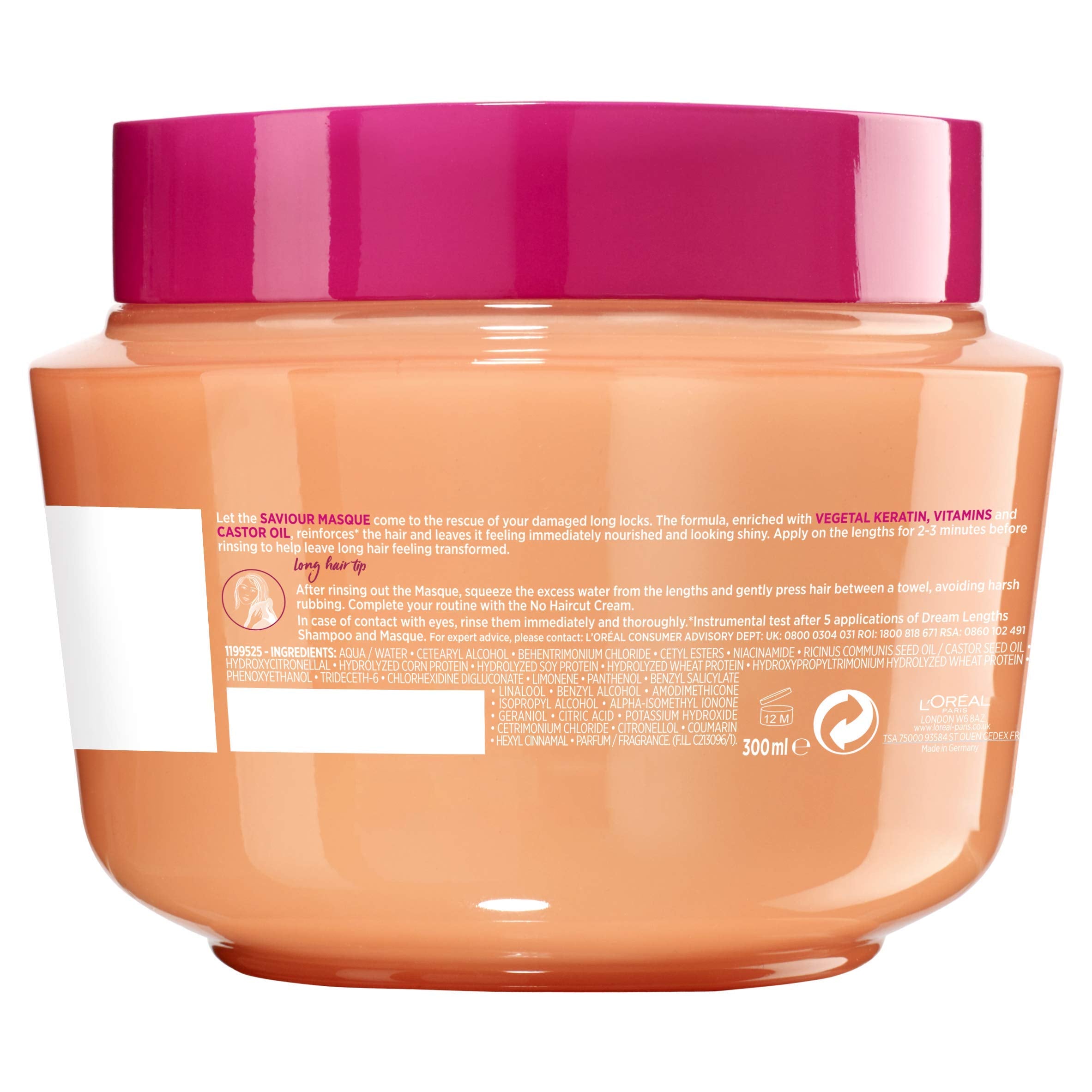 L'Oreal Paris Elvive Dream Lengths Hair Mask, Nourishing & Strengthening Treatment, Enriched with Castor Oil, For Long, Damaged Hair 300ml