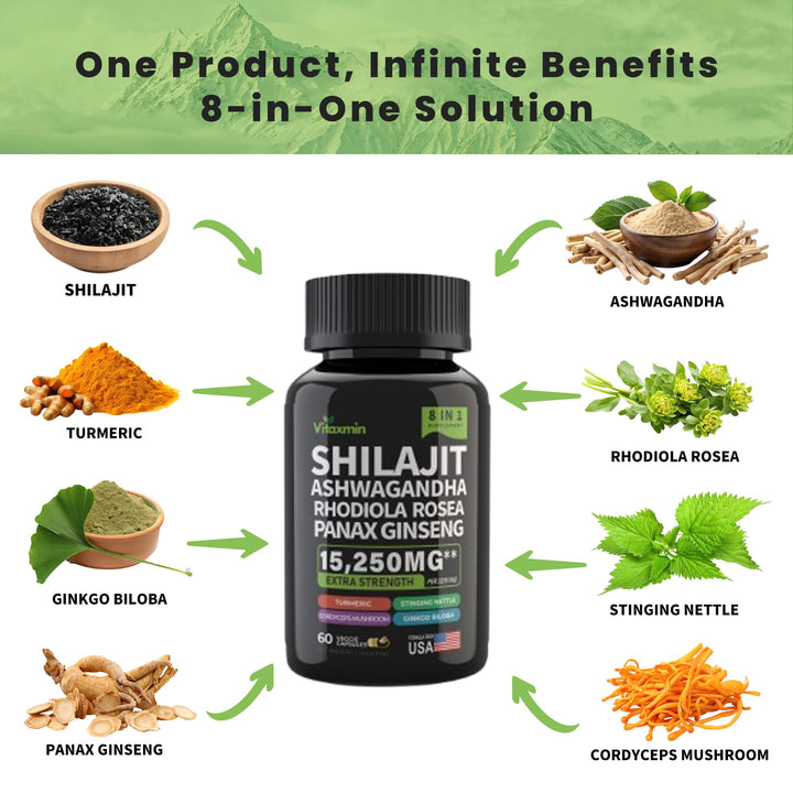 Shilajit and Ashwagandha Capsules, 8-in-1 Herbal Multivitamin for Men and Women, with Rhodiola Rosea, Ginseng, and Stinging Nettle, Shilajit for Men