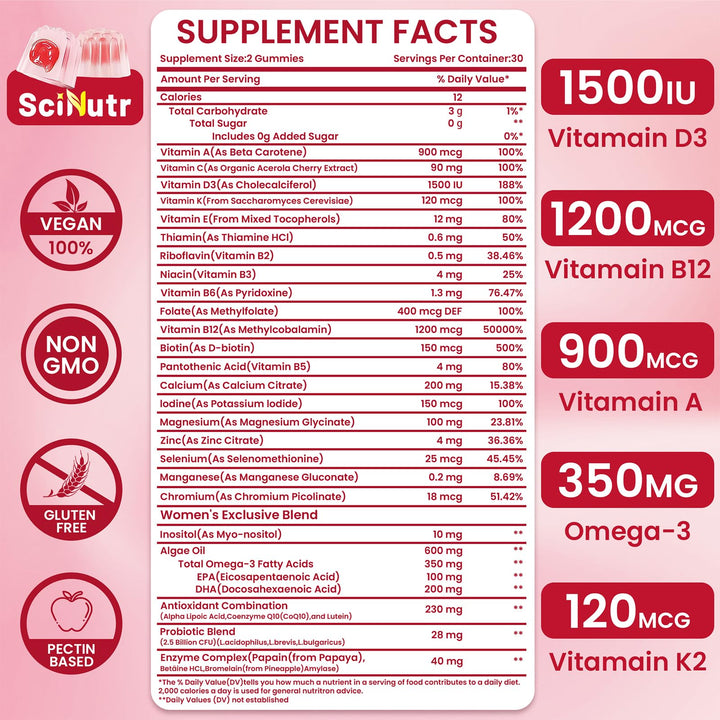 Methylated Multivitamin for Women Gummies with Calcium, Magnesium, Zinc, Vitamin A, C, D3, E, K2, B Complex, Folate, Biotin - Multi Vitamins & Minerals for Energy, Immune Support,and Strengthen Bone