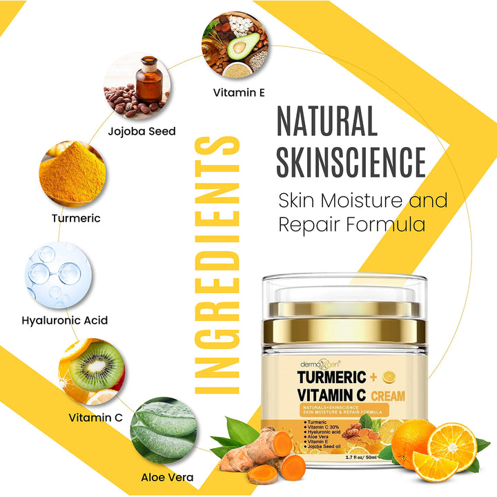 DERMAXGEN Turmeric Face Cream + 30% Vitamin C Glow Boosting Moisturizer & Skin Repairing, Hydrating with Organic Ingredients Anti-Aging Facial Cream, Normal, Dry, Oily & Combination Skin - 1.7 FL OZ