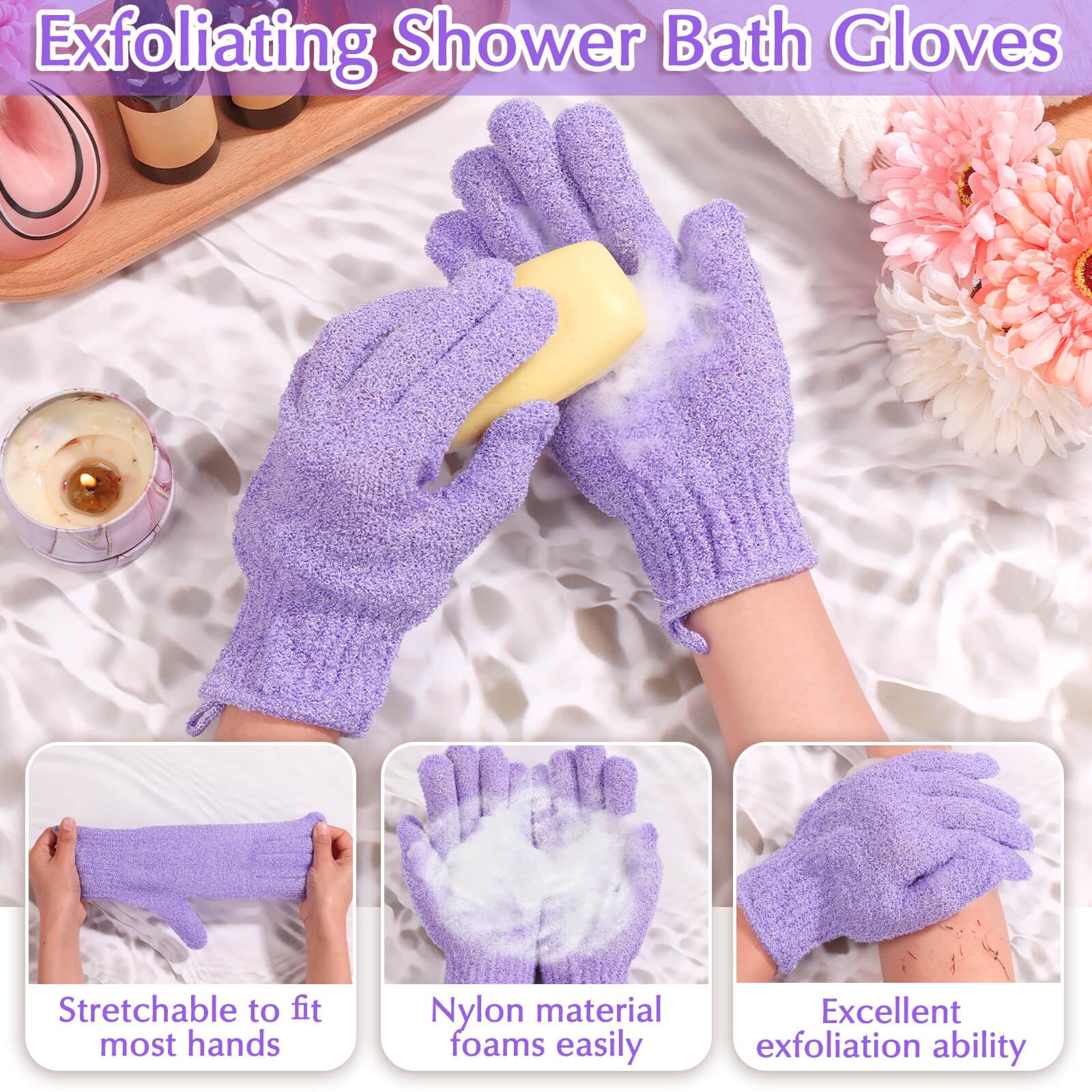 Anezus Exfoliating Back Scrubber Bath Gloves Set, Exfoliating Shower Towel with Shower Gloves for Body Scrub, Back Cleaner Wash Gloves to Remove Dead Skin (Purple)