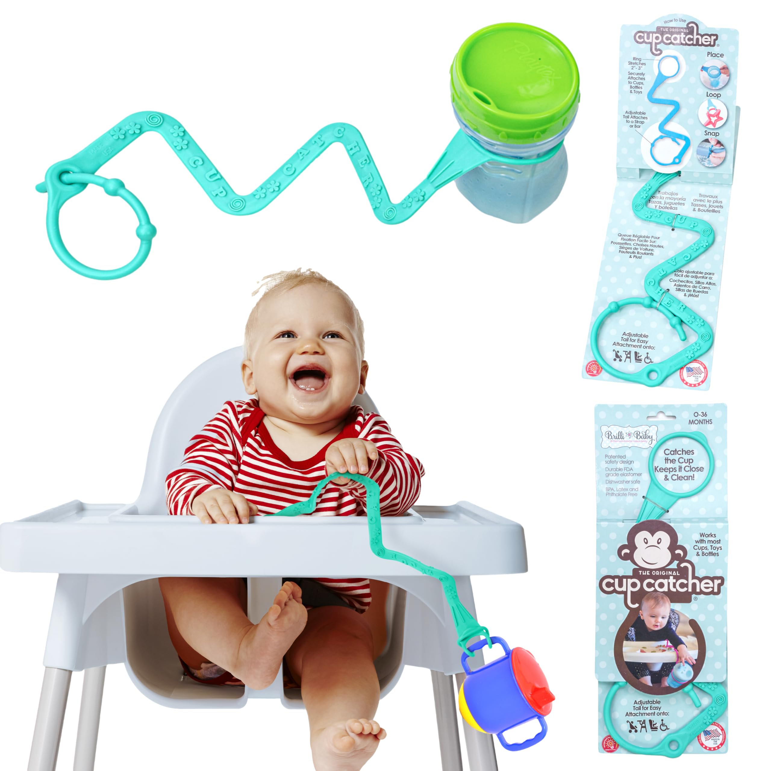 Brilli Baby Cup Catcher | Patented Safety Baby Toy Strap | Secure Sippy Cups, Bottles, Pacifiers & Toys to Stroller, High Chair, Car Seat | Dishwasher-Safe, Food-Grade, Made in USA (Aqua)