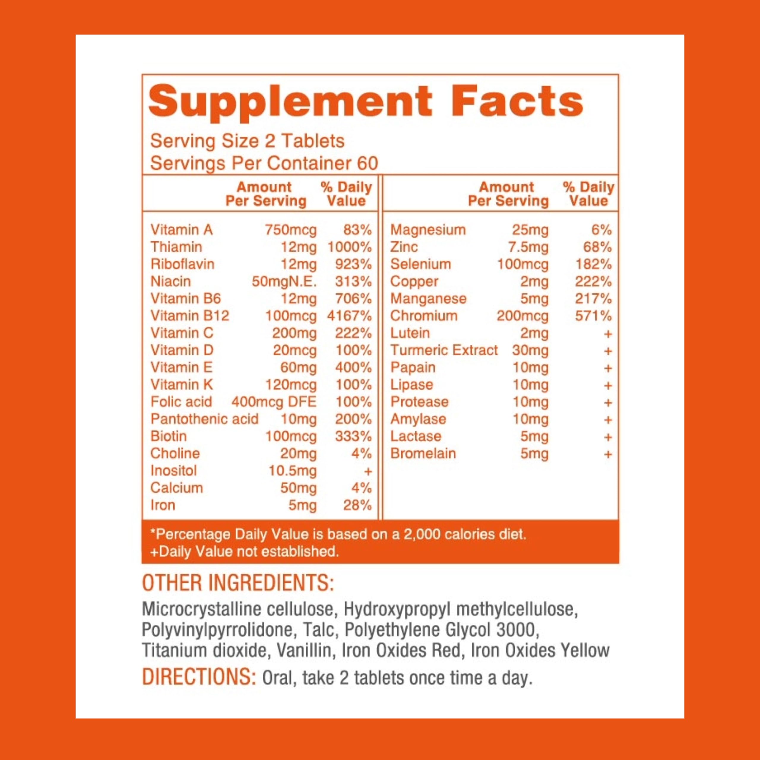Lovita Premium Multivitamin for Adults 30+ with Enzymes, Turmeric & Comprehensive Nutrient Support - 120 Vegetarian Tablets