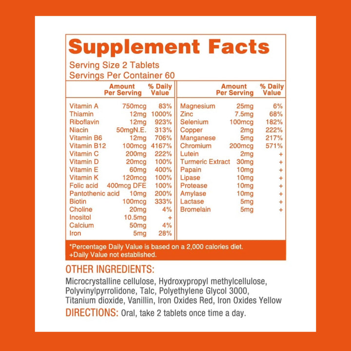 Lovita Premium Multivitamin for Adults 30+ with Enzymes, Turmeric & Comprehensive Nutrient Support - 120 Vegetarian Tablets