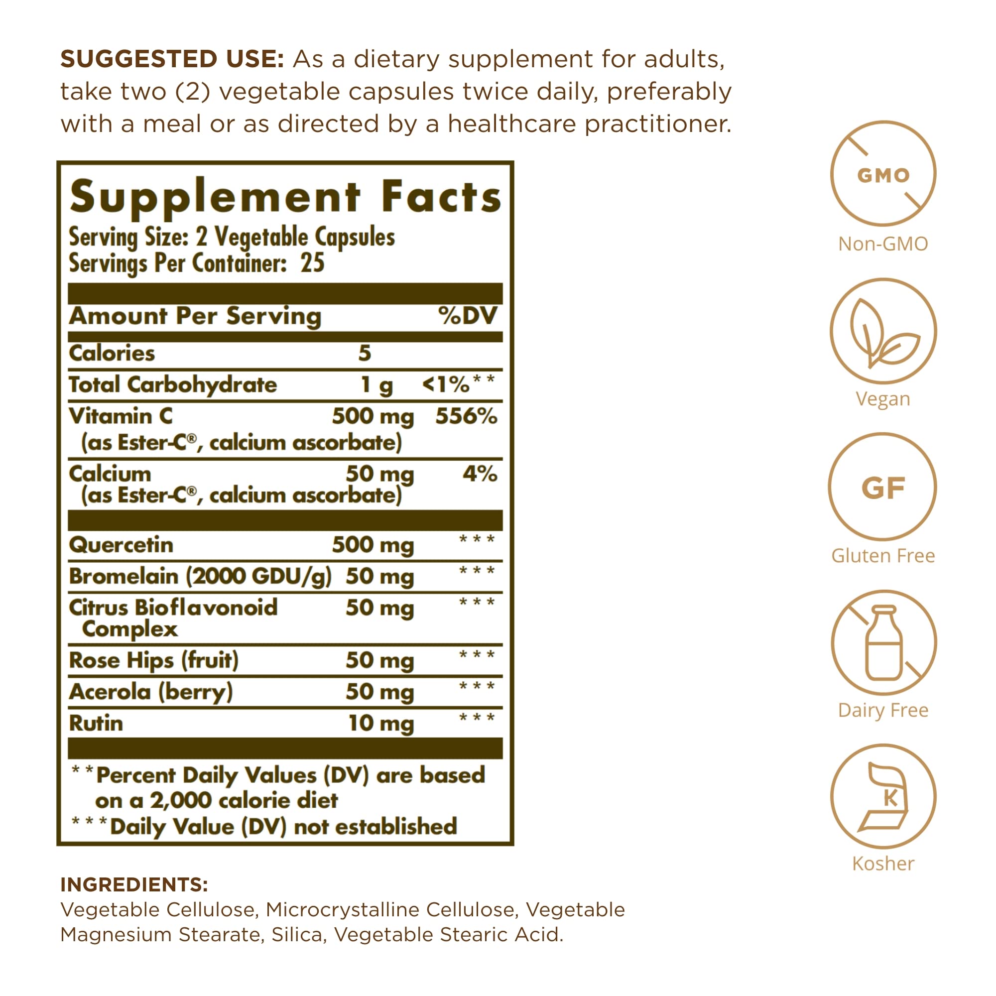 Solgar Quercetin Complex with Ester-C Plus - 50 Vegetable Capsules, Pack of 2 - Immune Health Support - Gentle on The Stomach Vitamin C - Non-GMO, Vegan, Gluten Free, Kosher - 50 Total Servings