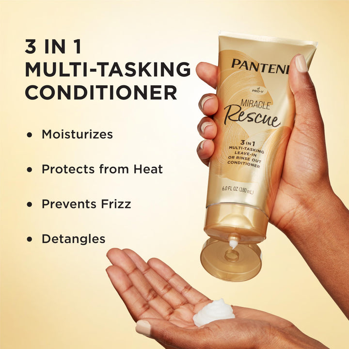 Pantene Miracle Rescue 3 in 1 Leave In Conditioner, Rinse off Conditioner, Heat Protectant for Hair, Detangler, Anti Frizz, Moisturizing, For All Hair Types, Safe for Color Treated Hair, 6.0 fl oz