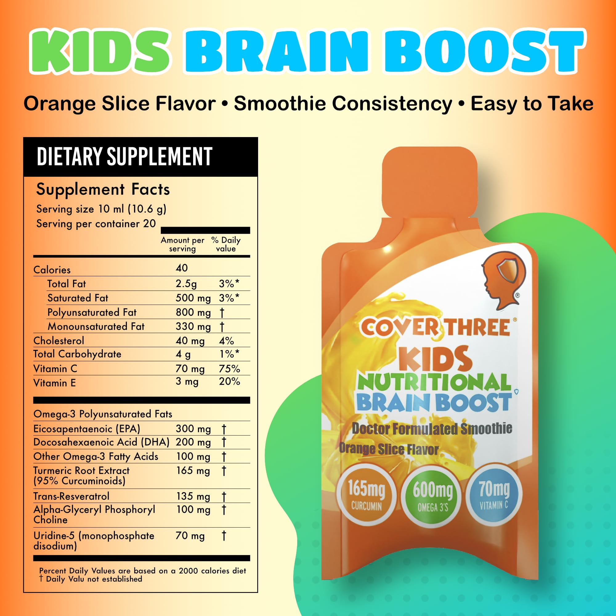 Cover Three Supplements for Kids Brain Supplement Smoothie, Omega 3 Liquid Childrens DHA Fish Oil, Kids Focus and Attention, Emotional Support, 20 Pouches, Pack 1