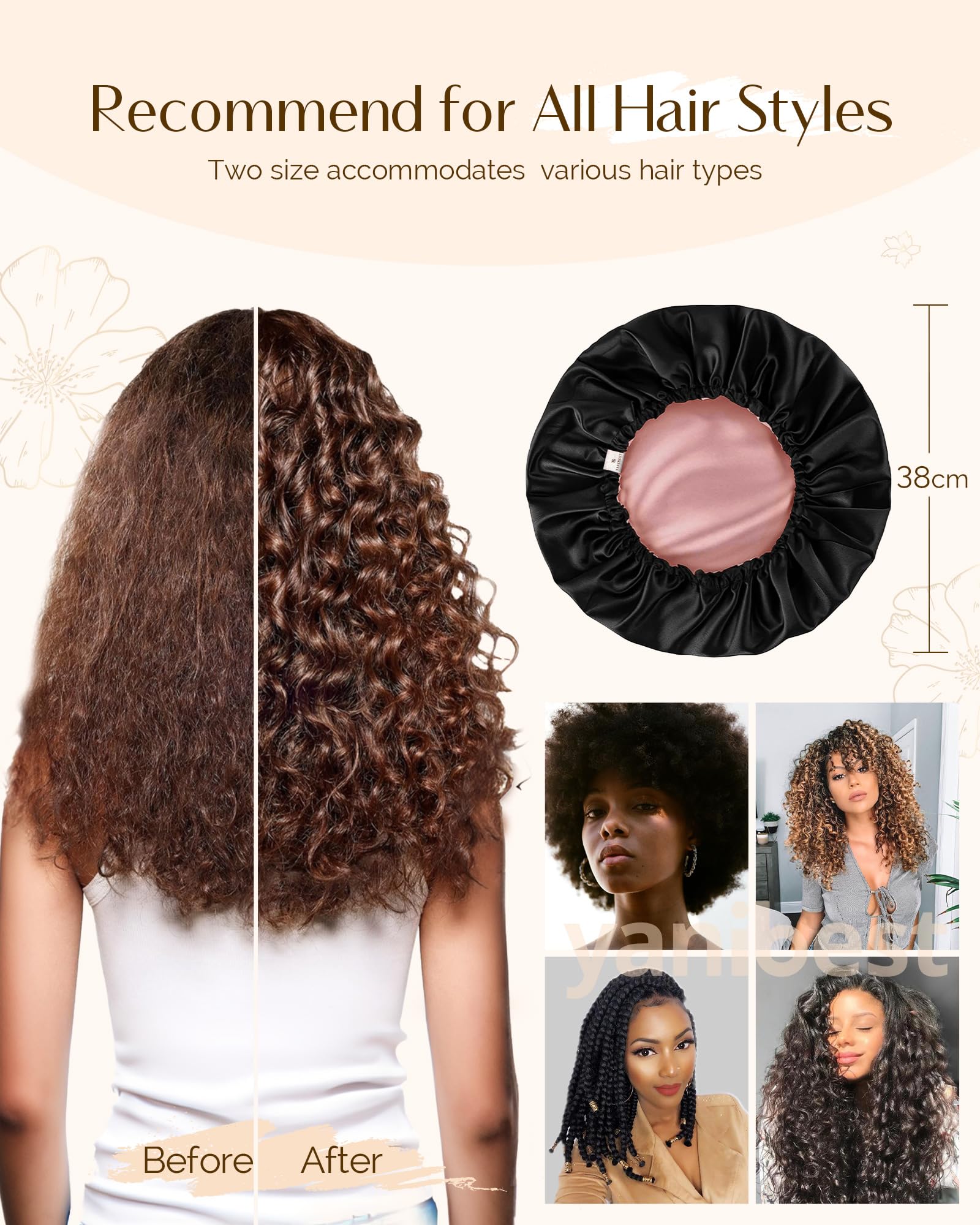 YANIBEST Satin Bonnet for Sleeping, Hair Bonnets for Women and Men, Double Layer Ajustable Silky Bonnet for Curly Braids Hair