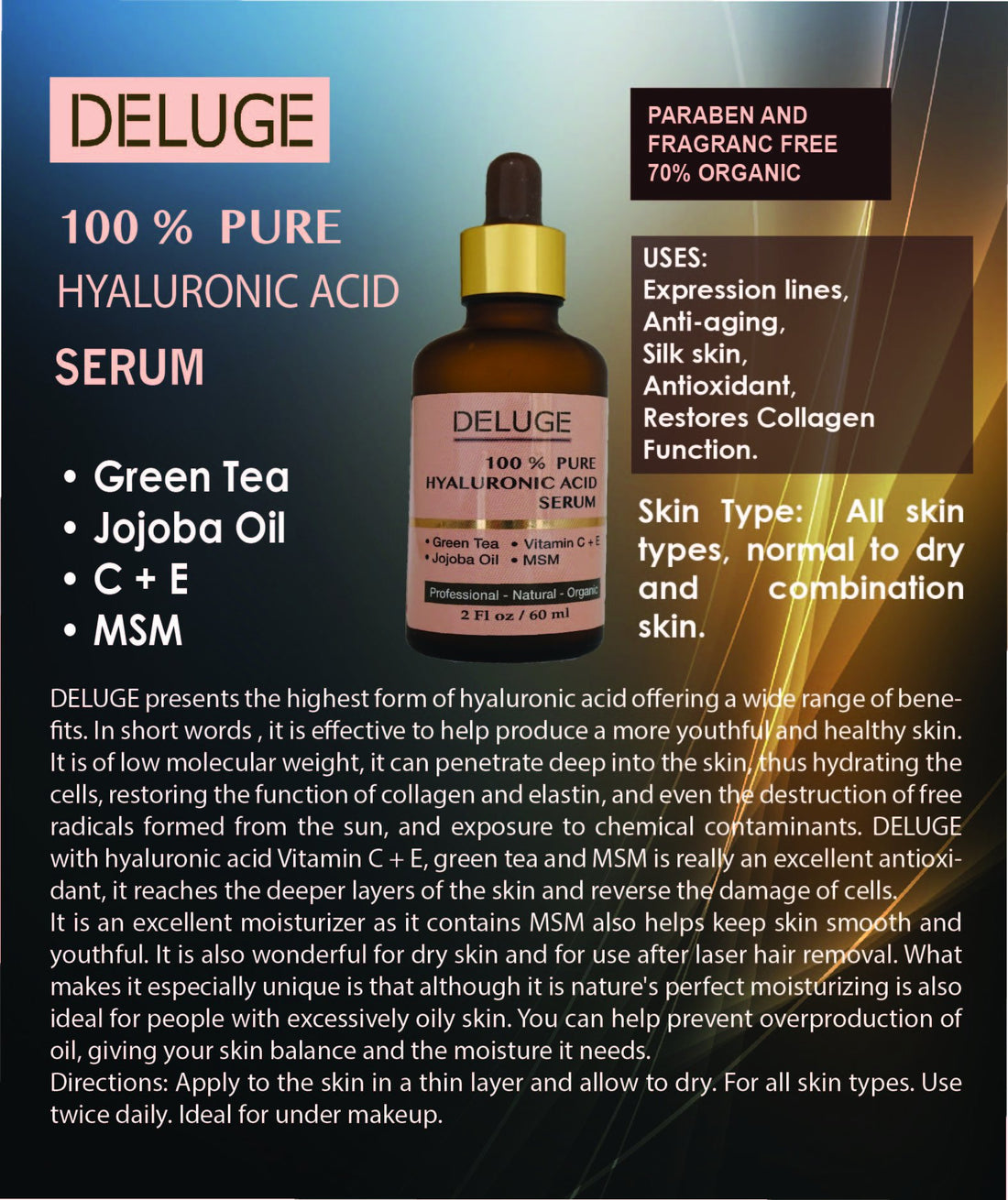 DELUGE - 100% PURE HYALURONIC ACID SERUM with Vitamin.