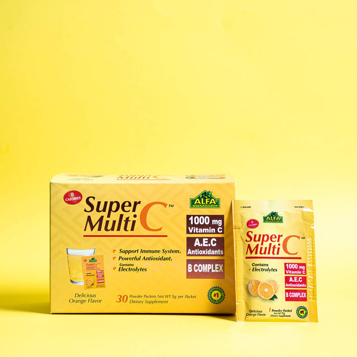 ALFA VITAMINS Super Multi C, Vitamin C Powder and Multivitamin Supplement Premium Quality Source of Nutrients, Minerals, Antioxidants & Electrolytes - 30 Packets