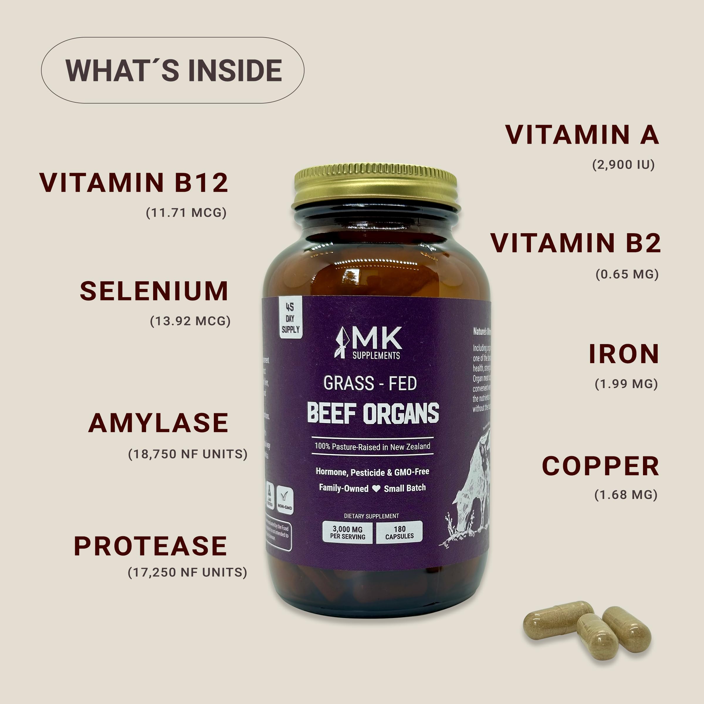MK Supplements – Grass-Fed Beef Organs 3000 mg, 180 Beef Organs Capsules, Multivitamin, 100% Pasture-Raised in New Zealand, 45-Day Supply, Liver, Heart, Kidney, Spleen, Pancreas