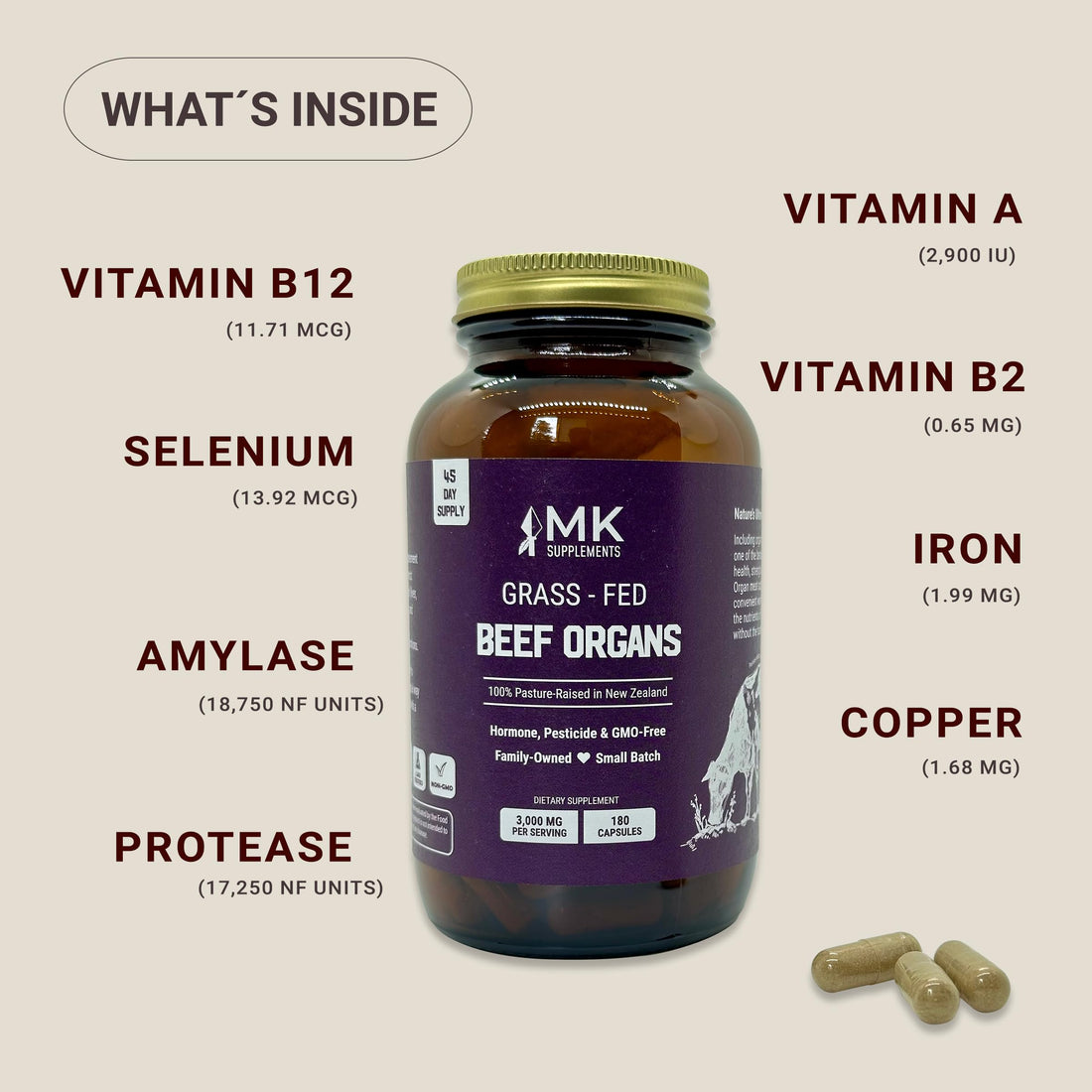 MK Supplements – Grass-Fed Beef Organs 3000 mg, 180 Beef Organs Capsules, Multivitamin, 100% Pasture-Raised in New Zealand, 45-Day Supply, Liver, Heart, Kidney, Spleen, Pancreas