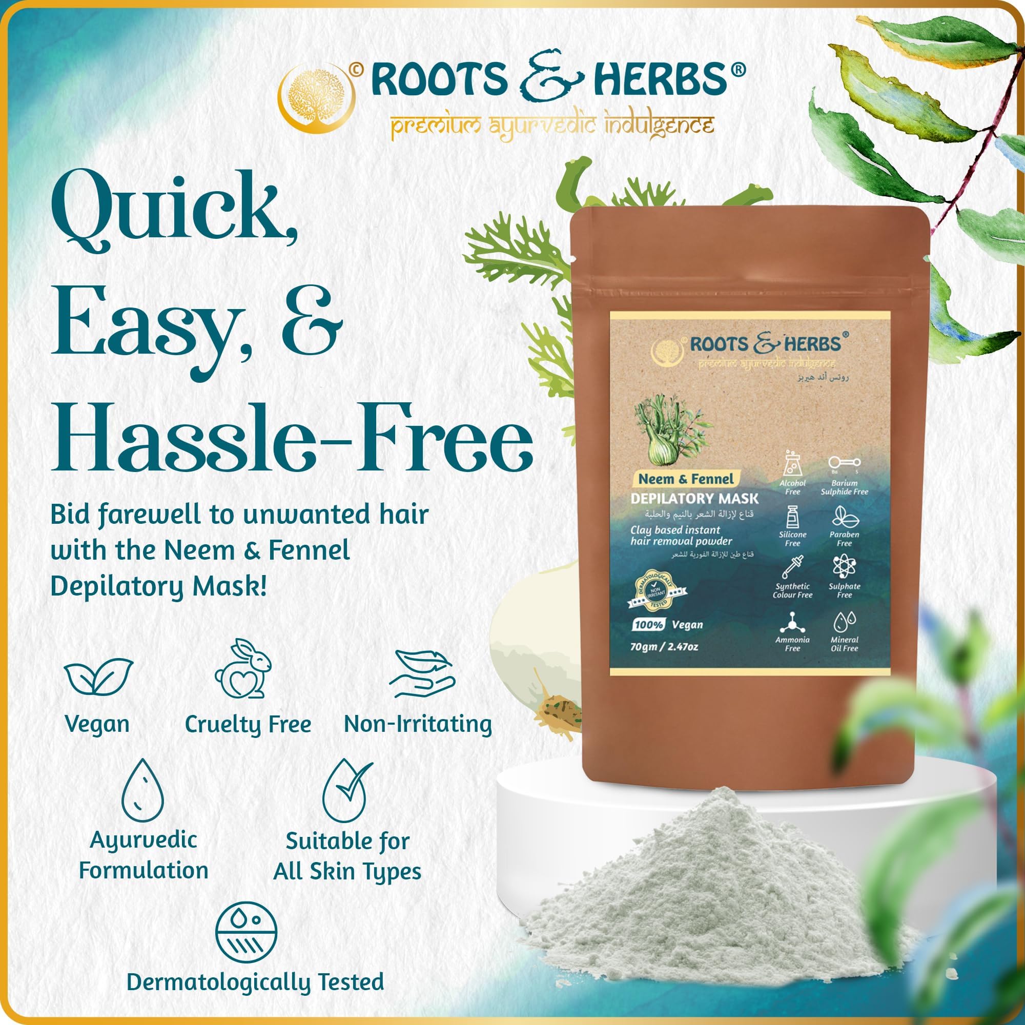 ROOTS AND HERBS Vegan Hair Removal - Neem and Fennel Depilatory Mask - Men and Women's Facial Hair Removal for sensitive skin, Organic Hair remover, Pubic, Bikini, Leg Mask, Powder Waxing (2.47 Ounce)