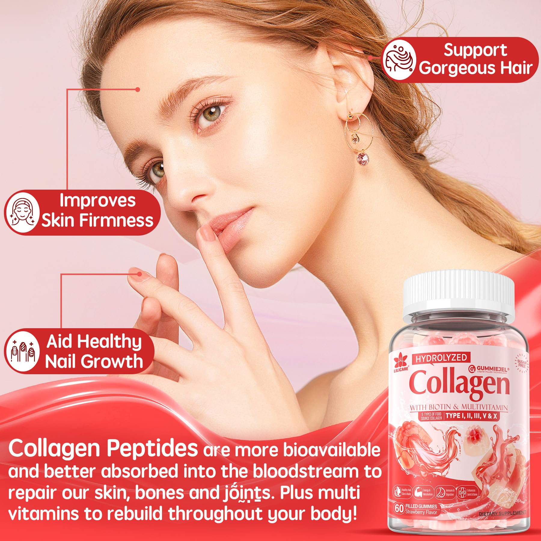 Sugar-Free Hydrolyzed Collagen Peptide Filled Gummies for Women & Men, with 1500mg Protein Type I,II,III,V,X, 5000mcg Biotin Vitamin C A E D3 B6 B12 for Immune Digestion Skin Hair Nails, Bone, 60Cts