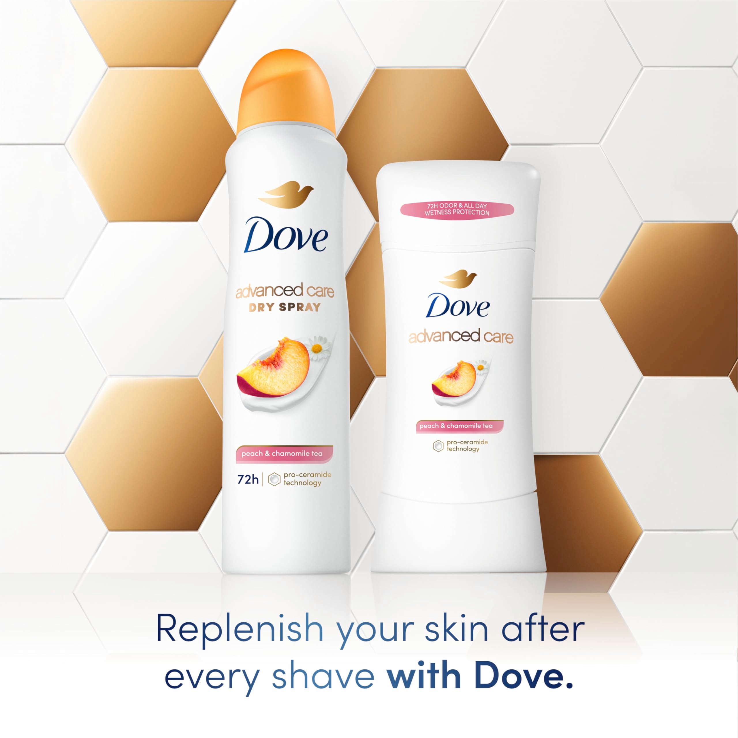 Dove Advanced Care Antiperspirant Deodorant Stick Peach & Chamomile Tea 4 Count for helping your skin barrier repair after shaving 72 hour odor control and all-day sweat protection 2.6 oz