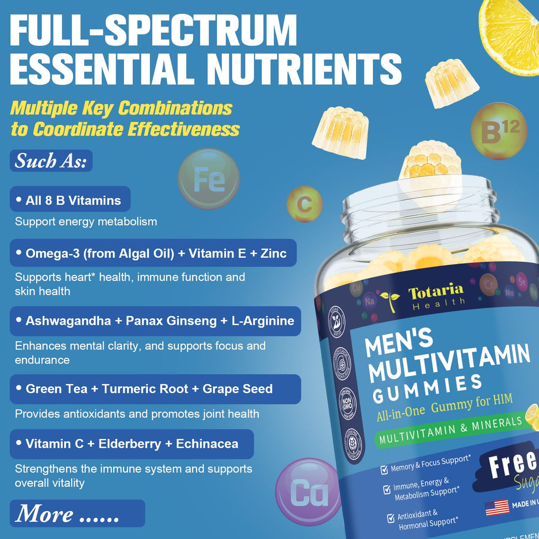 Totaria Sugar Free Multivitamin Gummies for Men w/Vegan Omega 3, Vitamin A, B, C, E, D3, K, Methylfolate, Biotin, Zinc, Mens Daily Vitamins & Minerals, for Immunity, Energy, Lemon Flavor, 60 Counts