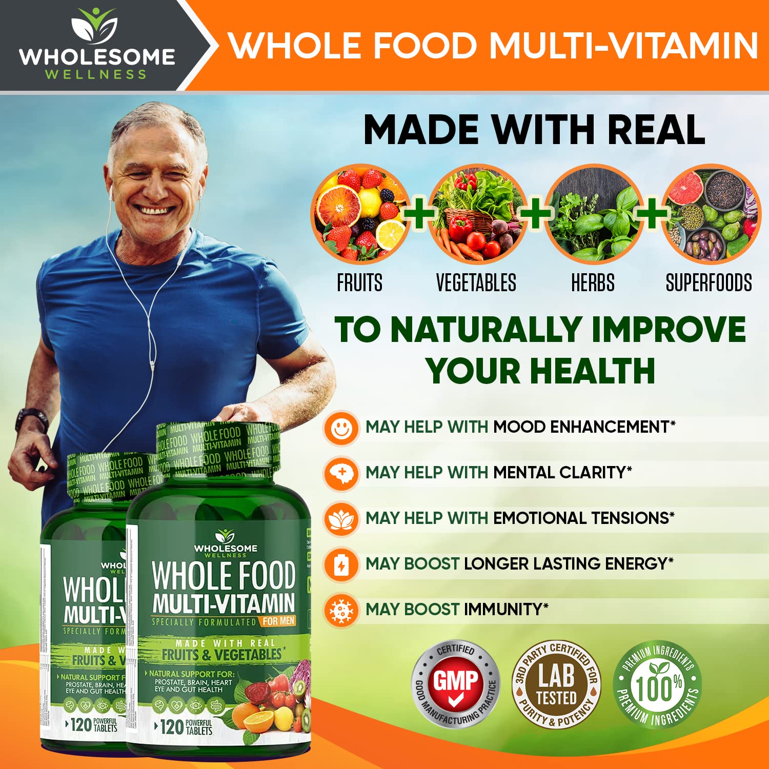 Wholesome Wellness Whole Food Multivitamin for Men - Natural Multi Vitamins, Minerals, Organic Extracts - Vegan Vegetarian - 120 Tablets