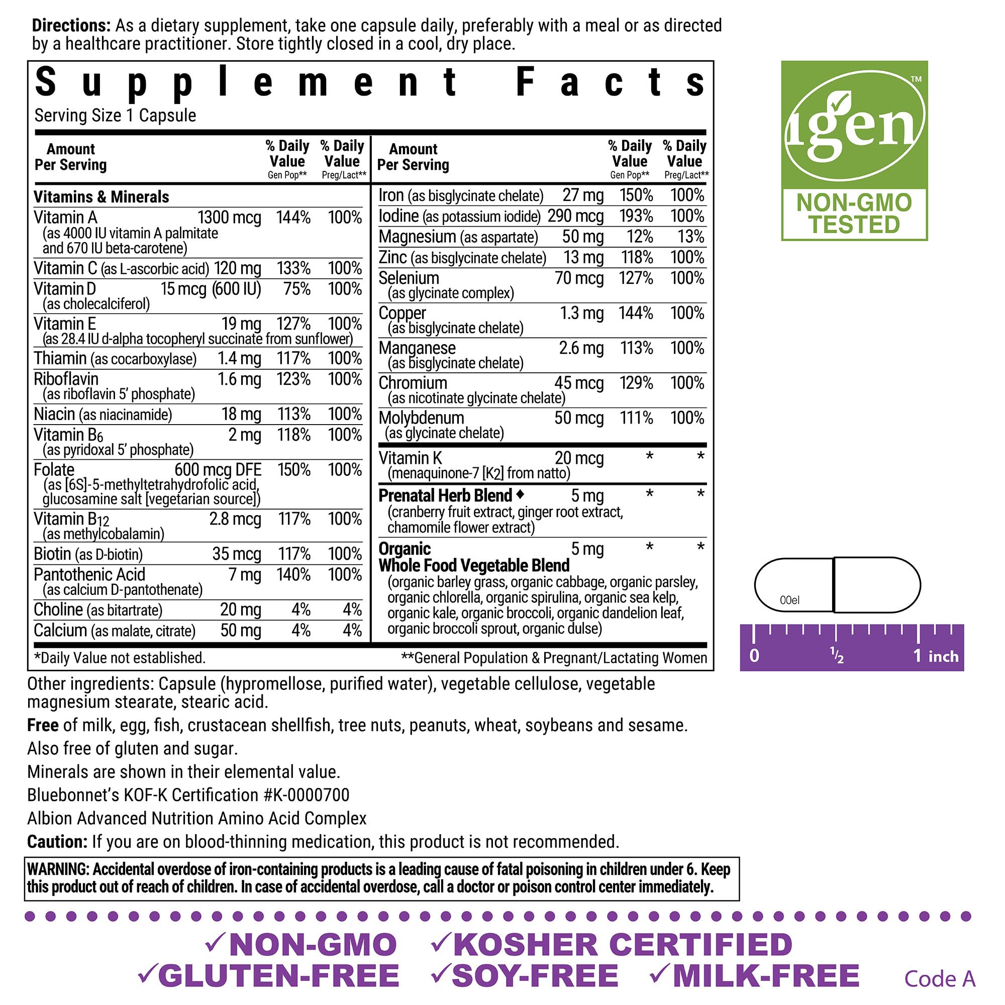 Bluebonnet Nutrition Ladies’ One Prenatal Whole Food-Based Multiple, Daily Nutrition*, Prenatal & Postnatal Health*, Non-GMO, Kosher, Gluten-Free, Soy-Free, 30 Vegetable Capsules, 30 Servings