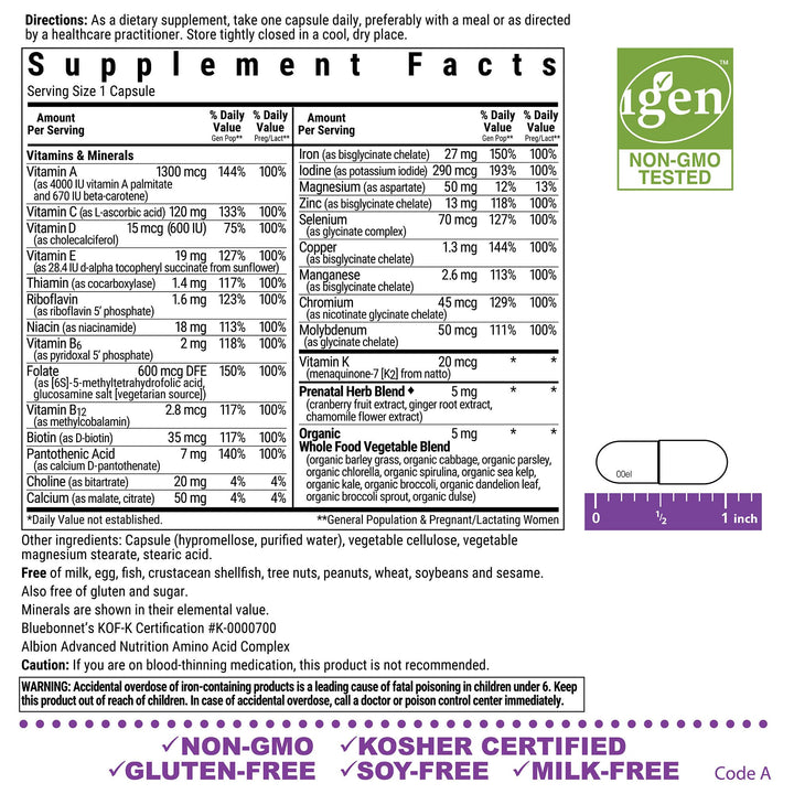 Bluebonnet Nutrition Ladies’ One Prenatal Whole Food-Based Multiple, Daily Nutrition*, Prenatal & Postnatal Health*, Non-GMO, Kosher, Gluten-Free, Soy-Free, 30 Vegetable Capsules, 30 Servings