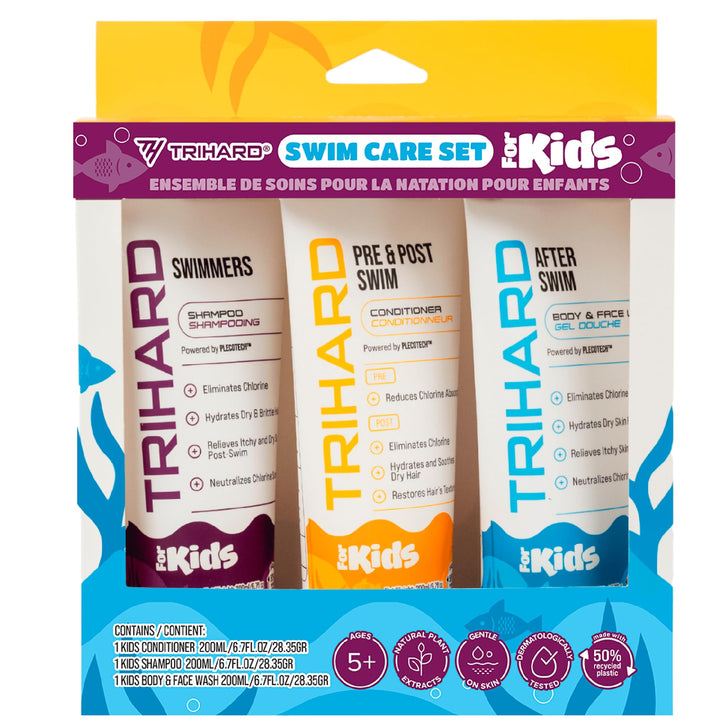 TRIHARD Essential Swim Care Kit For Kids, 3-in-1 Shampoo, Conditioner, Body Wash, Chlorine Shampoo for Swimmers, Leave-In Conditioner, Pool Essentials, Ultimate Swimming Hair Care for Kids