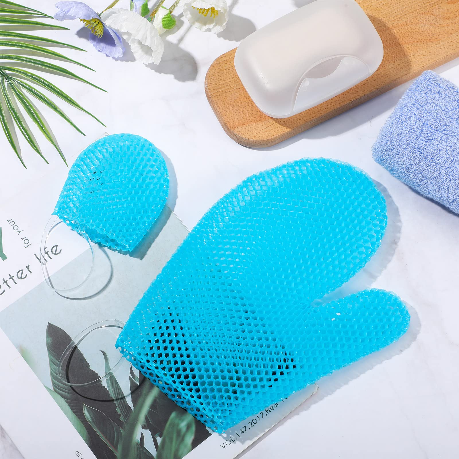 Karenhi Honeycomb Exfoliating Scrubber Set, Face and Body Scrubber Include Bath Mitt Honeycomb Exfoliating Glove for Body Shower, Face Exfoliator Sponge, Quick Drying(Blue)
