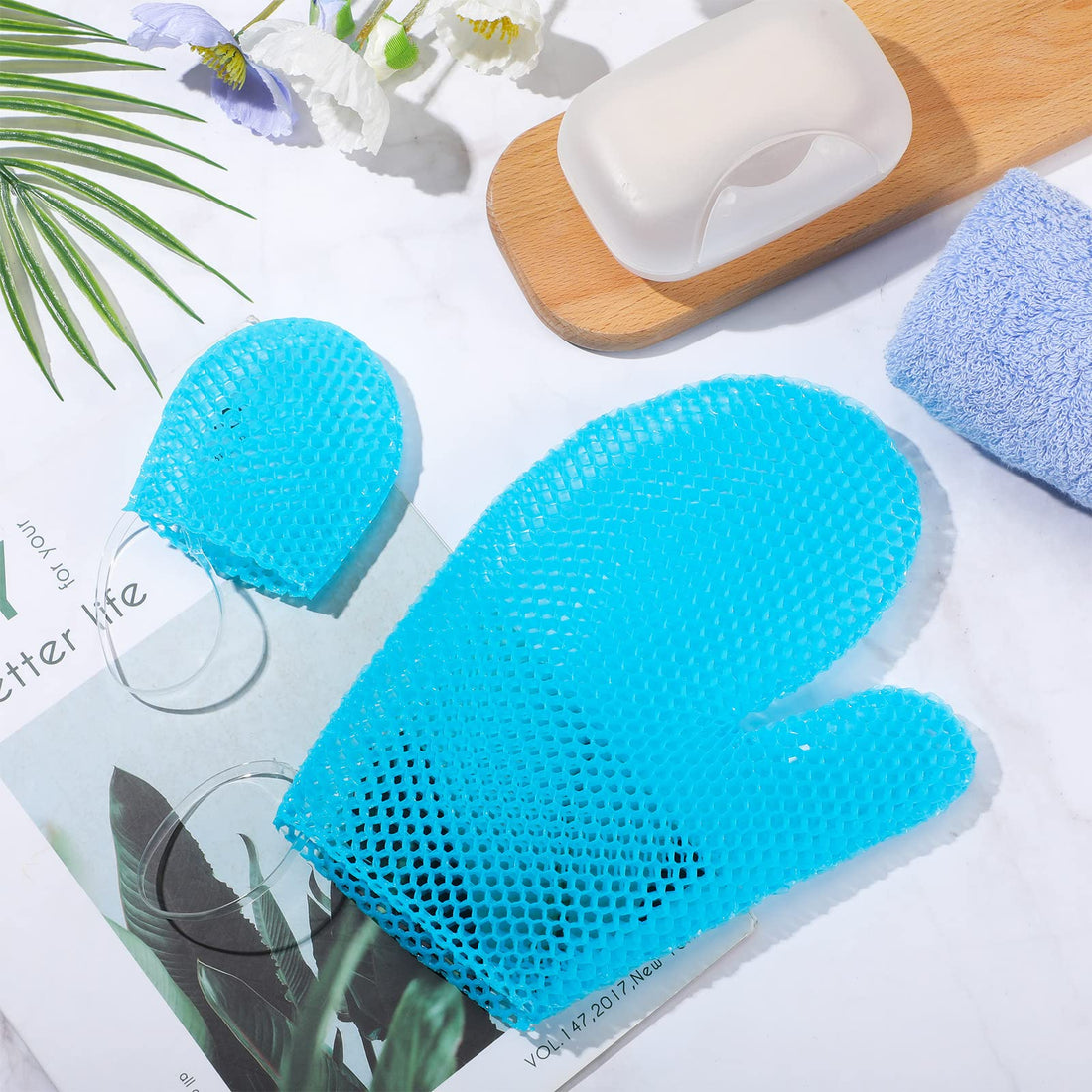 Karenhi Honeycomb Exfoliating Scrubber Set, Face and Body Scrubber Include Bath Mitt Honeycomb Exfoliating Glove for Body Shower, Face Exfoliator Sponge, Quick Drying(Blue)