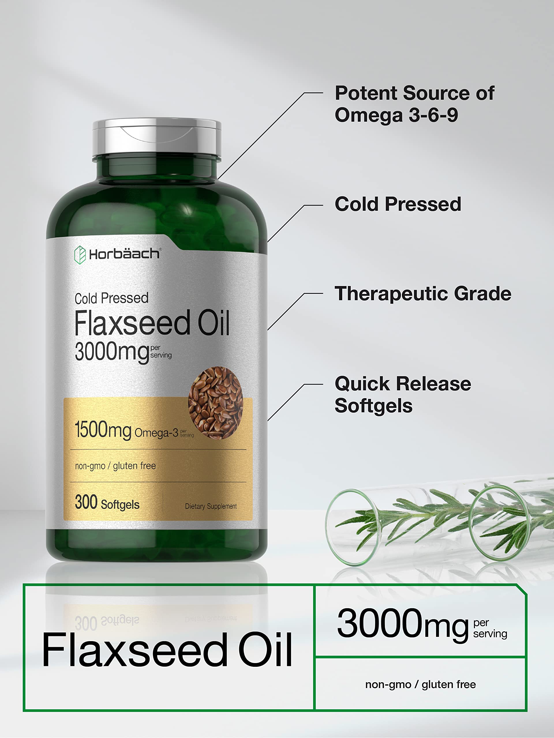 Horbäach Flaxseed Oil Softgel Capsules 3000mg | 300 Count | High Potency | with Omega 3 6 9 | Non-GMO, Gluten Free | Cold Pressed Flax Seed