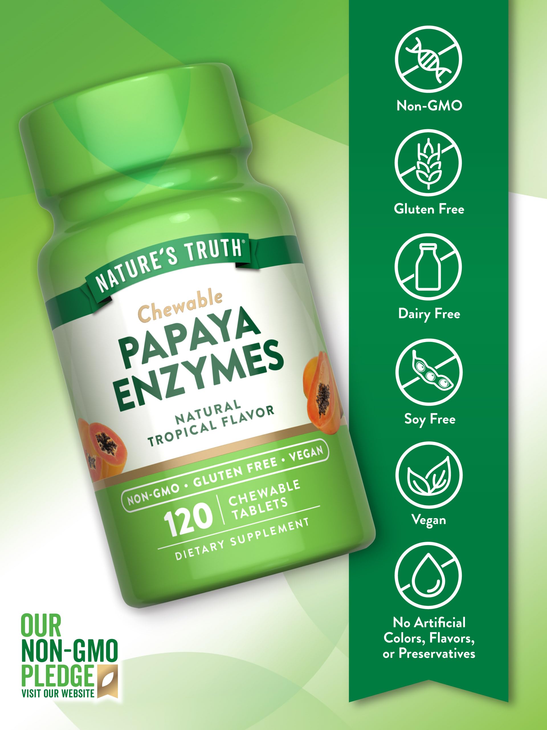 Nature's Truth Papaya Enzyme Chewable Tablets | 120 Count | Vegan, Non-GMO & Gluten Free Supplement for Digestion | Natural Tropical Flavor
