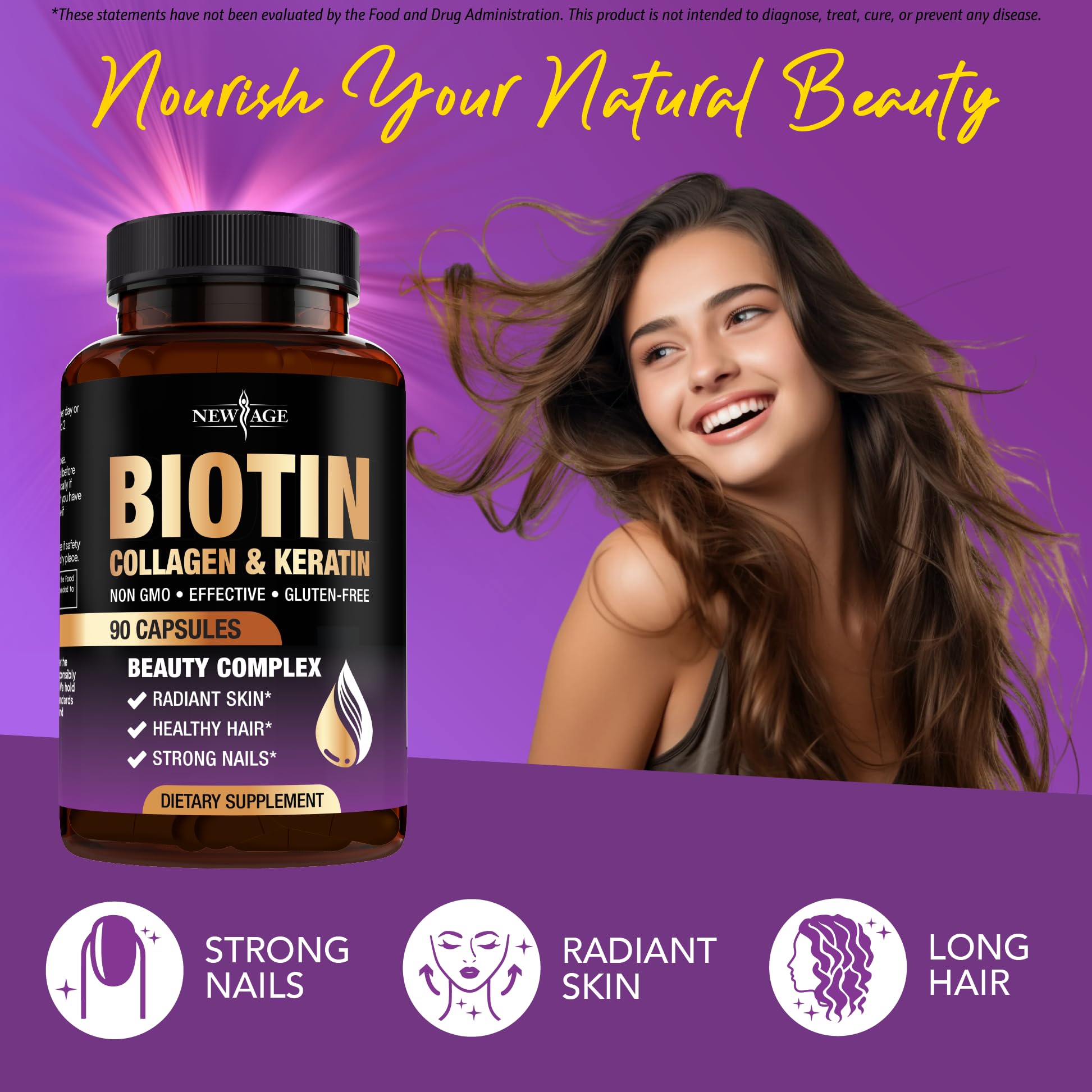 NEW AGE Biotin Collagen Keratin Hyaluronic Acid - 50,000mcg Hair Growth Vitamins for Men and Women, Nails, Hair, Skin Vitamins and DHT Blocker with Vitamin E Folic Acid Pumpkin Seed MSM- 180 Count