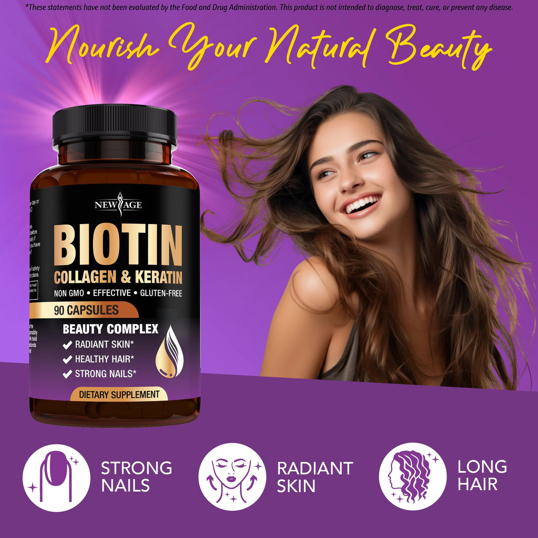 NEW AGE Biotin Collagen Keratin Hyaluronic Acid - 50,000mcg Hair Growth Vitamins for Men and Women, Nails, Hair, Skin Vitamins and DHT Blocker with Vitamin E Folic Acid Pumpkin Seed MSM - 90 Count