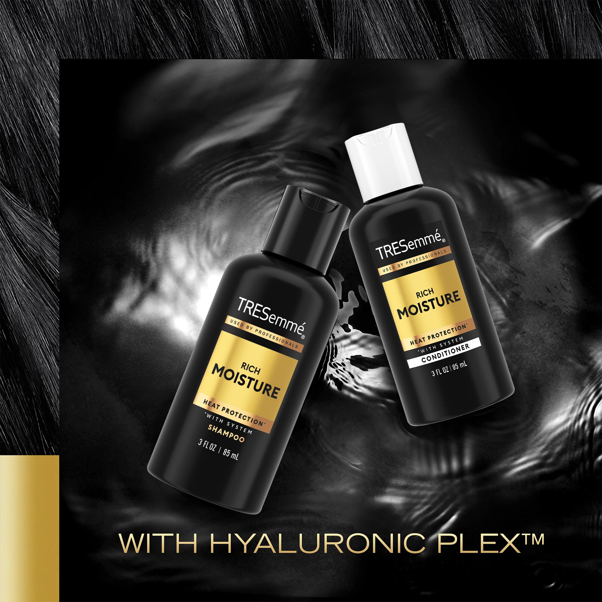 TRESemmé Travel Essentials, Rich Moisture Shampoo 3-Pack + Conditioner 3-Pack – Moisturizing Hair Care with Hyaluronic Acid, Paraben-Free, 3 Oz Ea