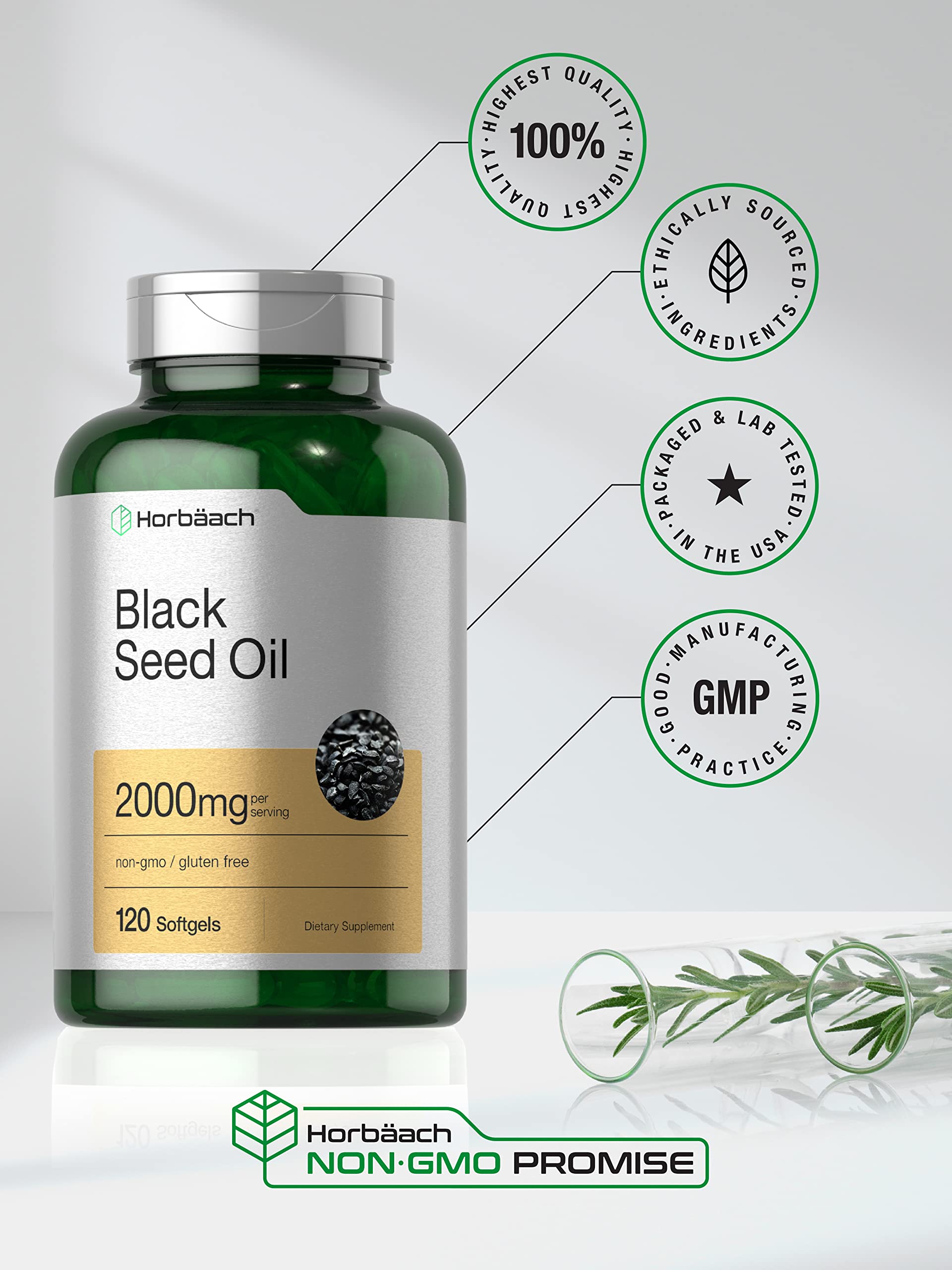 Horbäach Black Seed Oil Softgel Capsules | 2000mg | 120 Count | Cold Pressed Nigella Sativa Pills | Non-GMO, Gluten Free Supplement