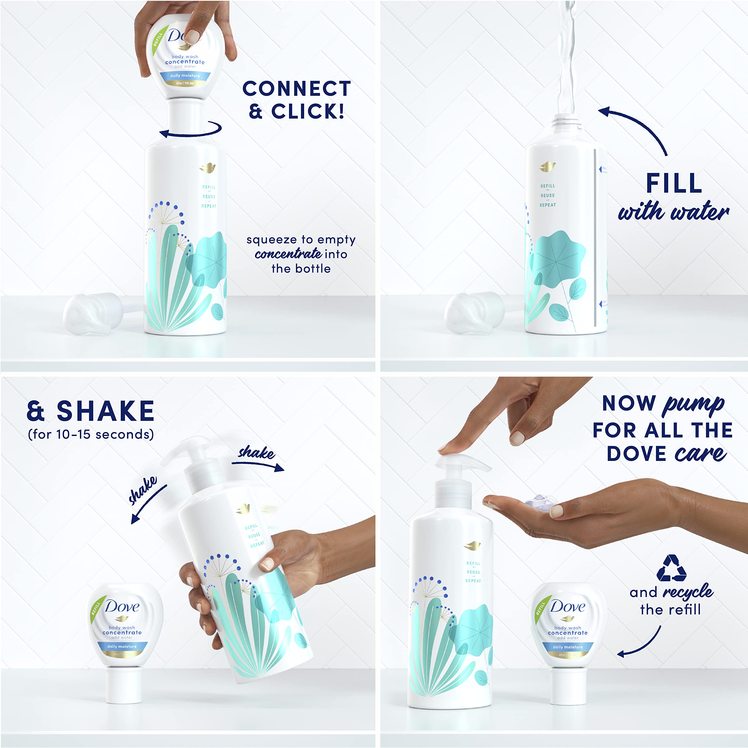 Dove Concentrate Refill and 100 percent Recycled Reusable Bottle for Instantly Soft Skin Daily Moisture Starter Kit for Lasting Nourishment Body Care 4 Fl oz (makes 16 Fl oz)